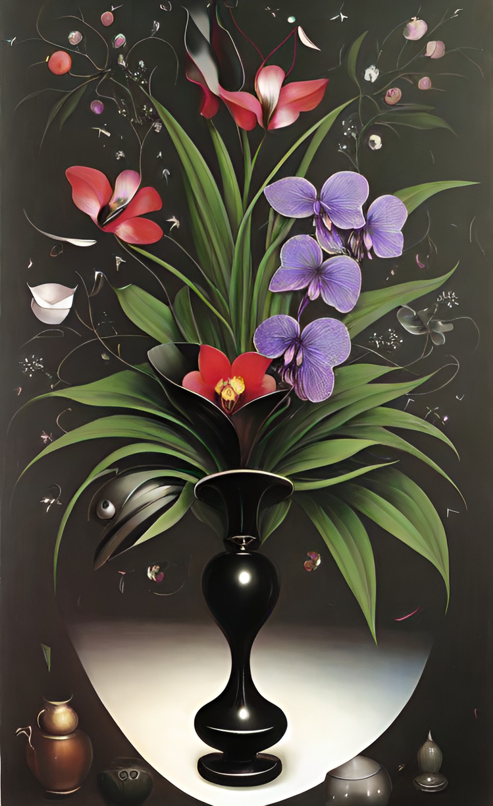 fantasy black orchid flowers in a black vase with a black wall background preview