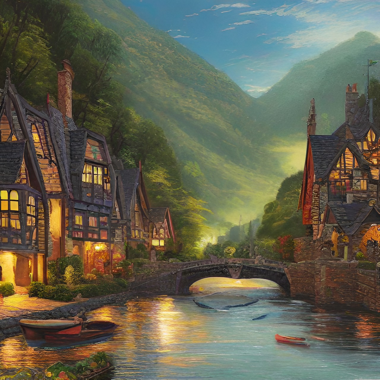 two medieval houses by a river, twilight preview