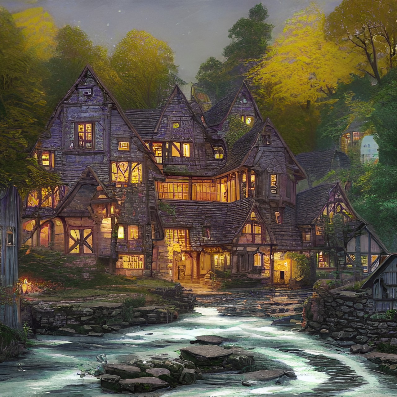 three medieval houses by a river, at night preview