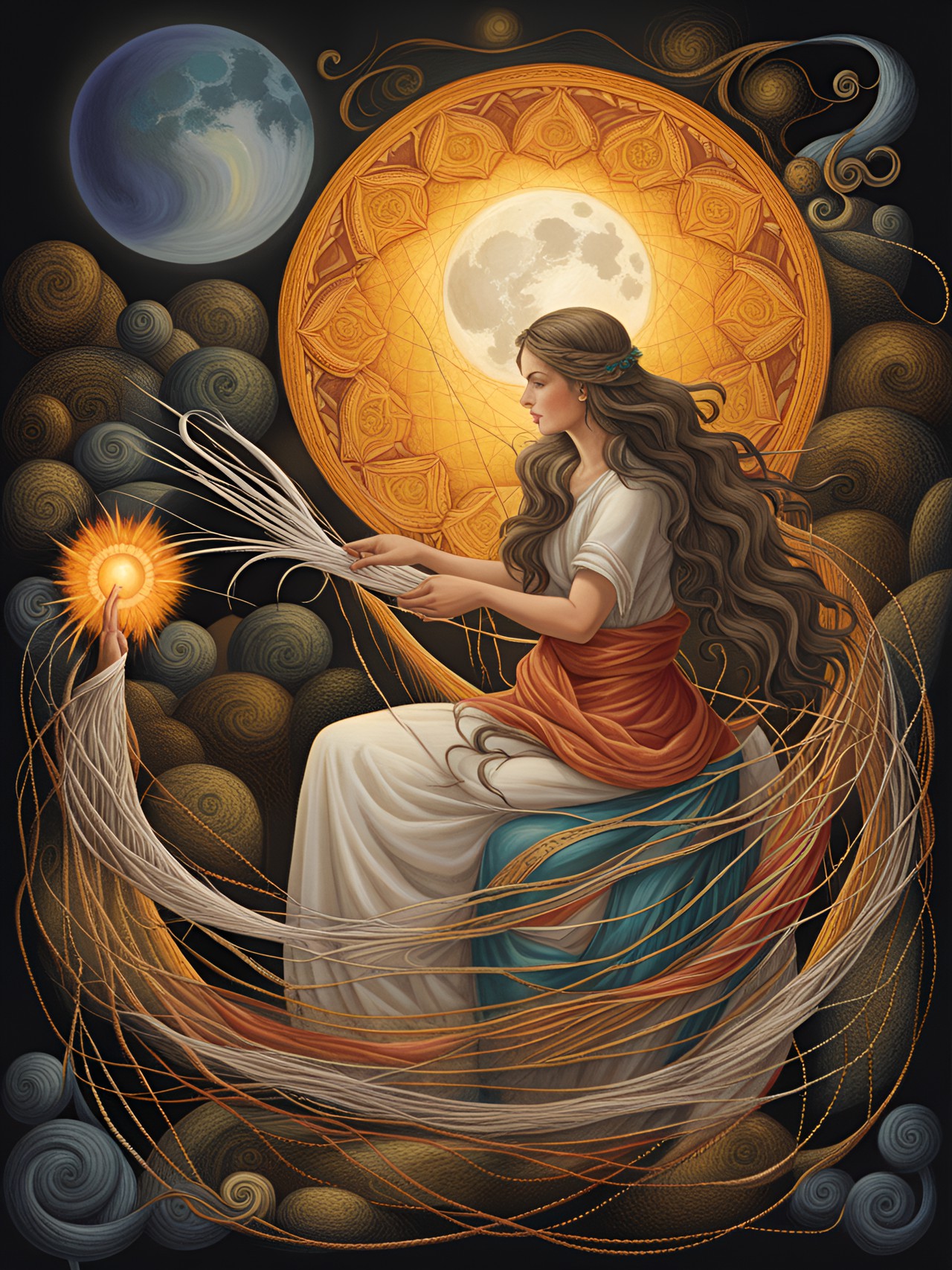 magic, mysticism, fairy tale, moon and sun, roots, infinity, the thread of the earth, a woman weaving threads, cotton, preview