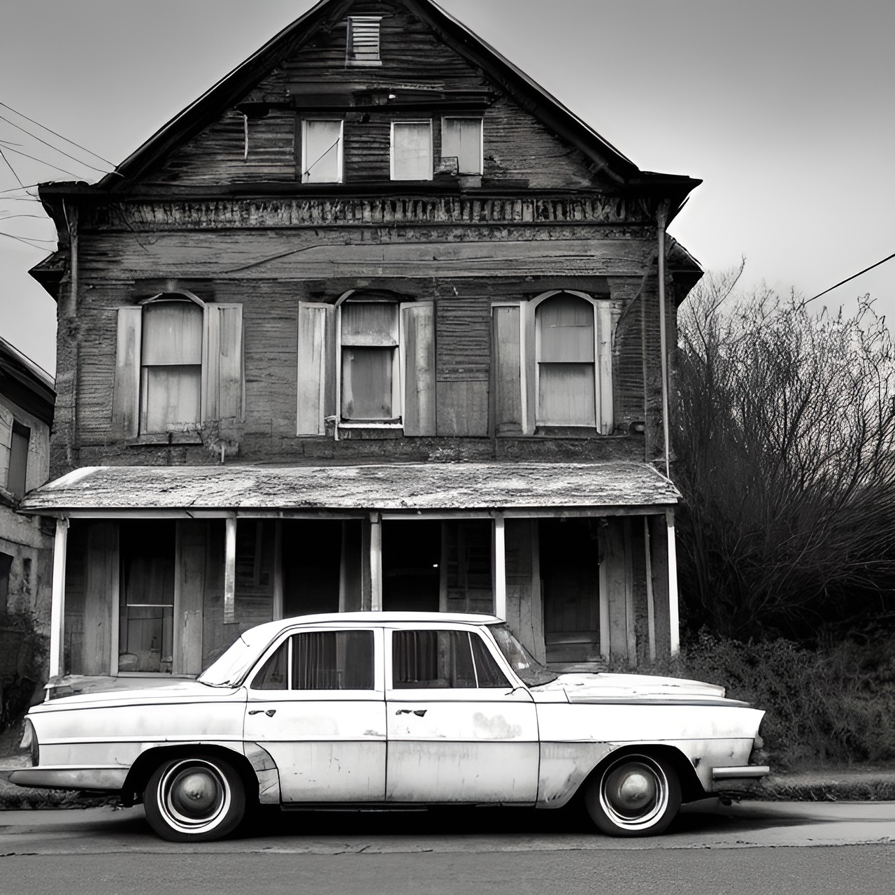 Old memories - black and white picture of an old car in front of an old building. the car has a lot of character and the building is interesting and abandoned preview