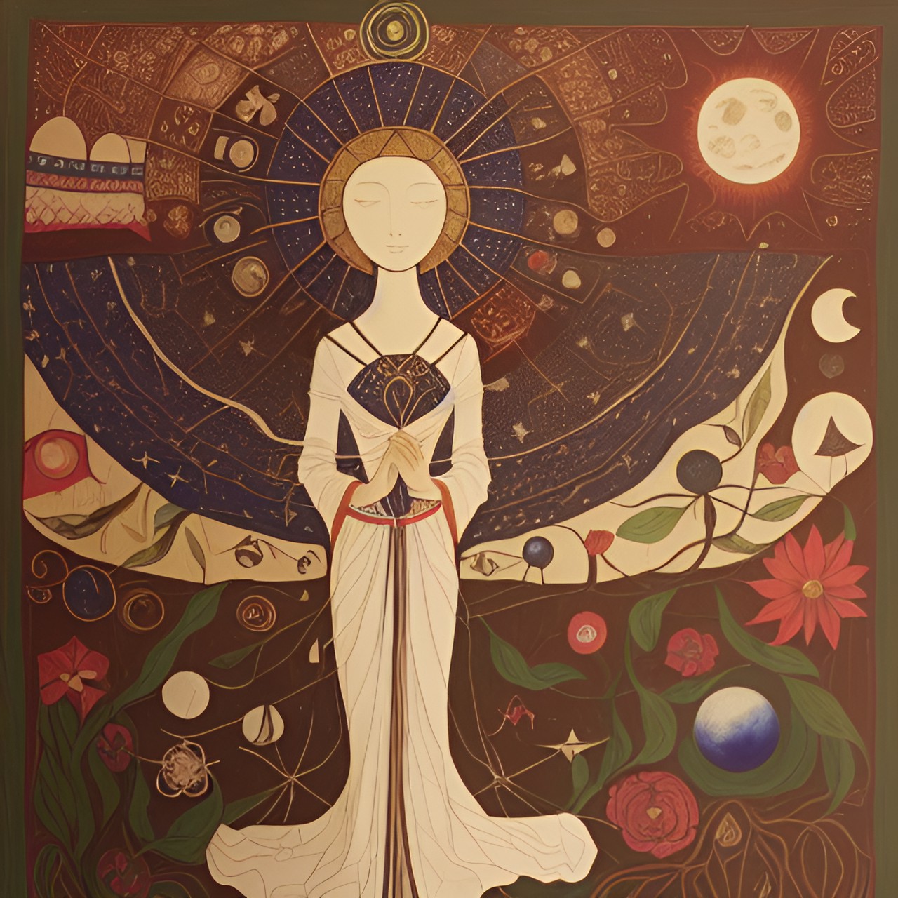 magic, mysticism, a fairy tale, the moon and the sun, roots, infinity, the thread of the earth, a woman weaves threads, threads from a ball of wood, cotton, flowers, high hair grows into roots - a wom preview