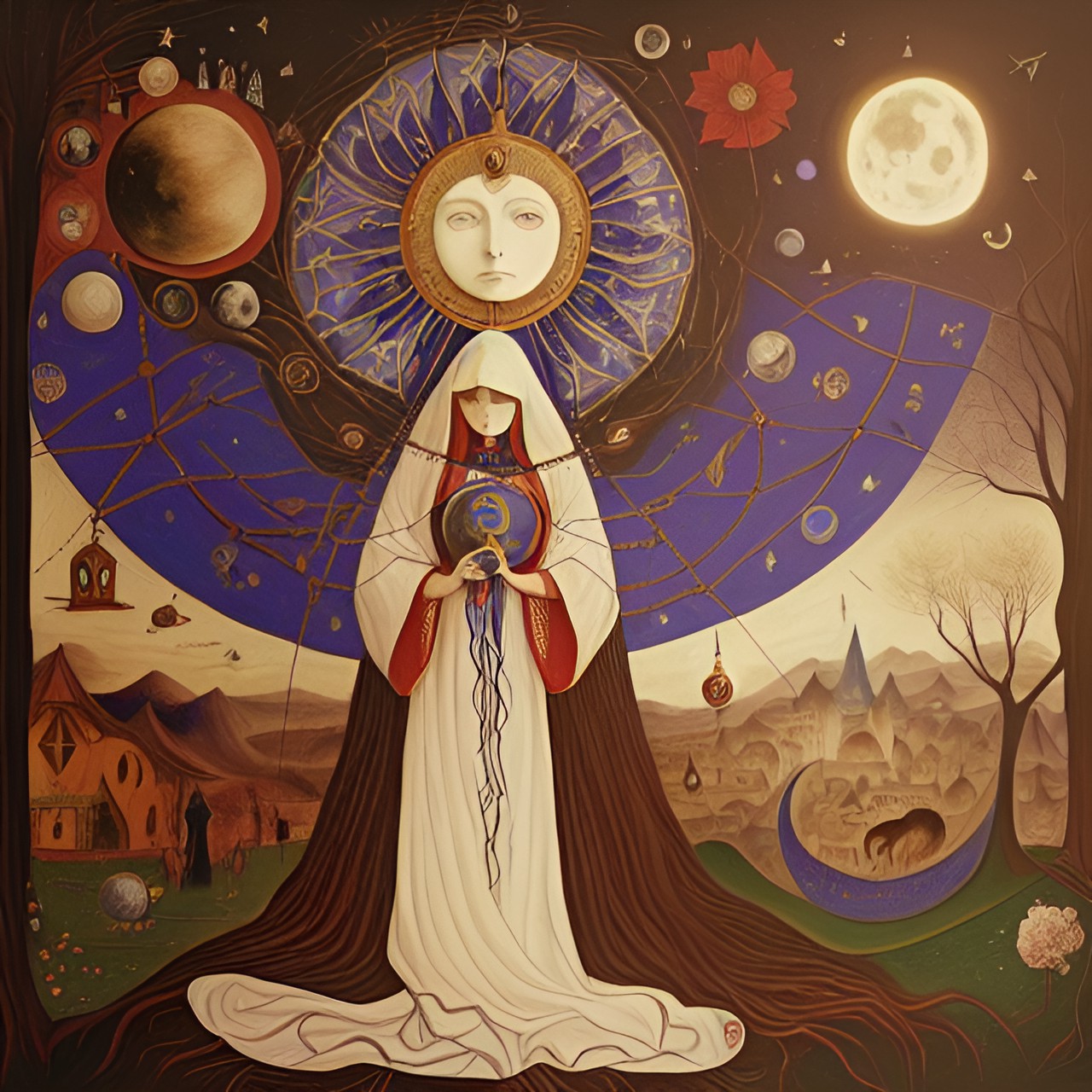 magic, mysticism, a fairy tale, the moon and the sun, roots, infinity, the thread of the earth, a woman weaves threads, threads from a ball of wood, cotton, flowers, high hair grows into roots - a wom preview