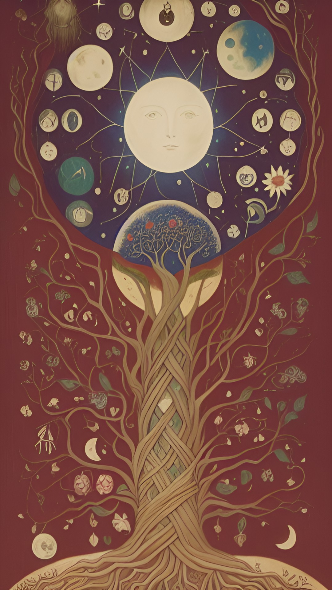 magic, mysticism, a fairy tale, the moon and the sun, roots, infinity, the thread of the earth, a woman weaves threads, threads from a ball of wood, cotton, flowers, high hair grows into roots - a wom preview