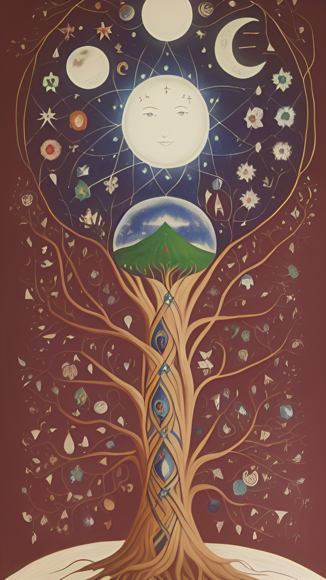 magic, mysticism, a fairy tale, the moon and the sun, roots, infinity, the thread of the earth, a woman weaves threads, threads from a ball of wood, cotton, flowers, high hair grows into roots - a wom preview