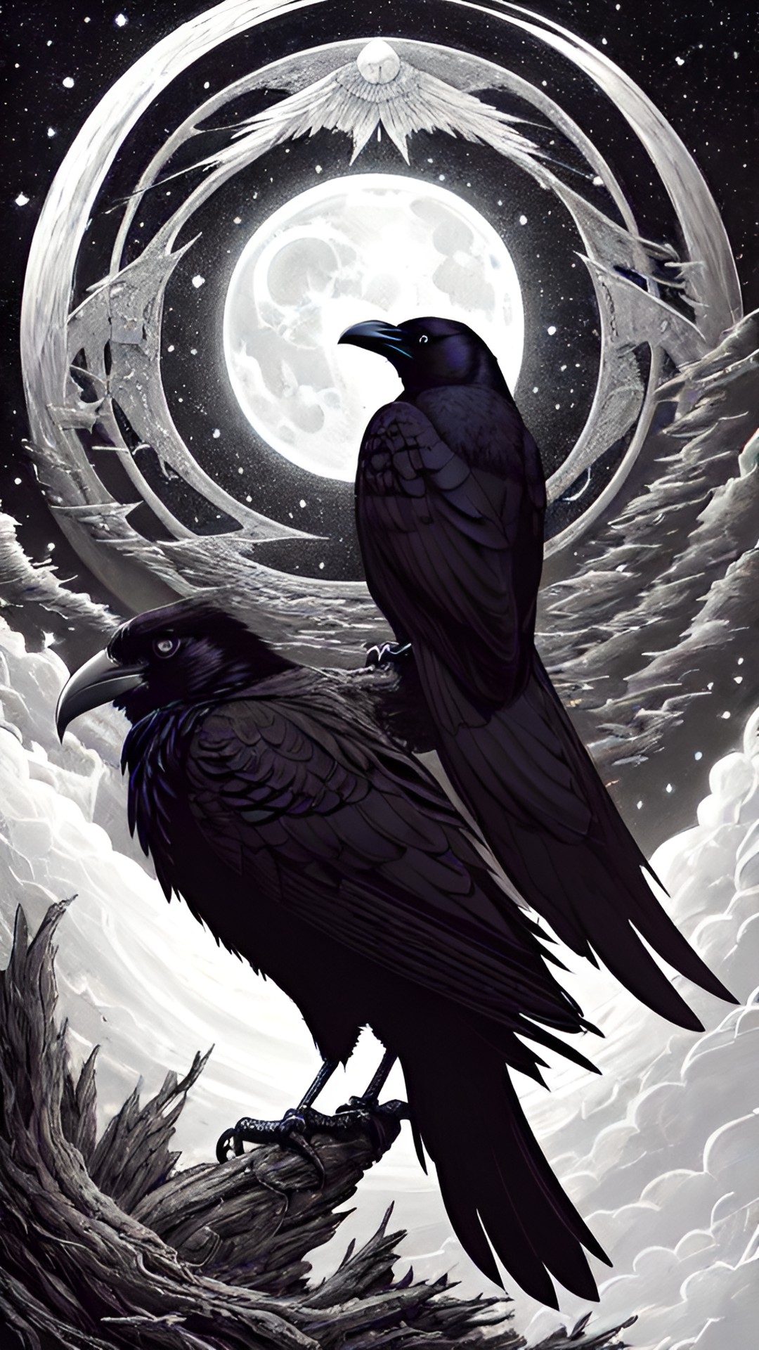 a single raven sitting on the end of the crescent moon with a pentagram preview