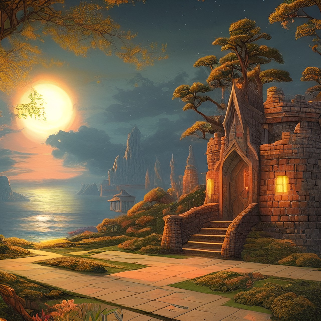 mysterious elven fortress by the sea, sunset preview