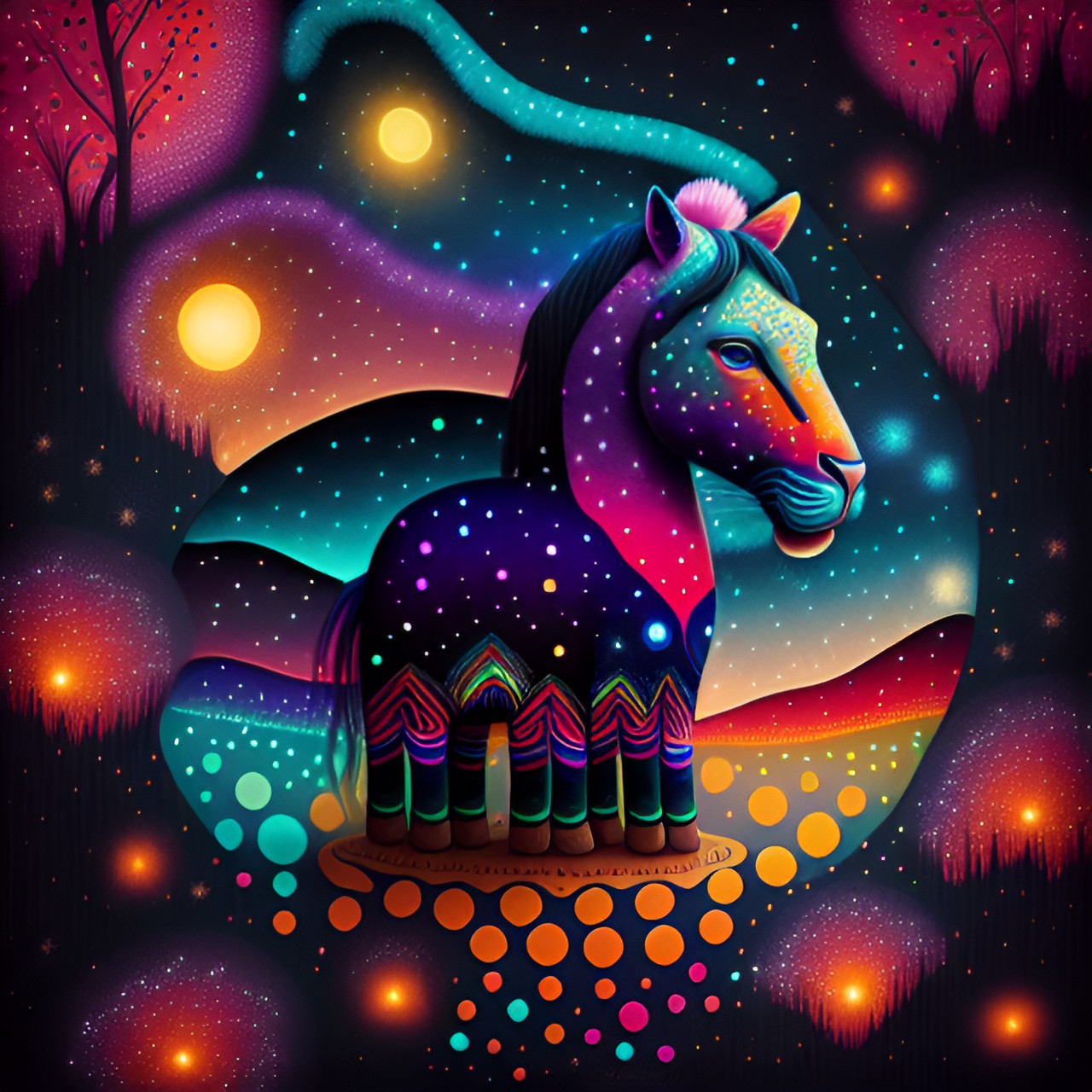 Horse Experiencing - colorful small dots, dreamtime aboriginal art, story image land relationship preview