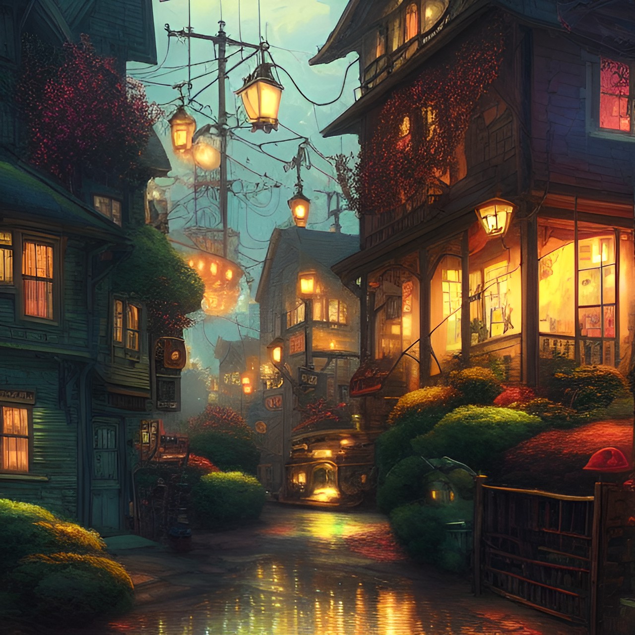 steampunk village street, twilight preview