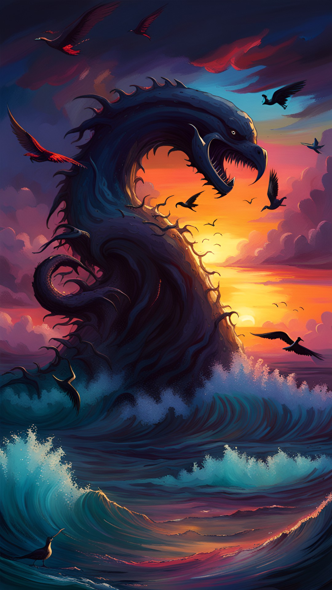 Beast from the sea - sunset with ocean and birds preview