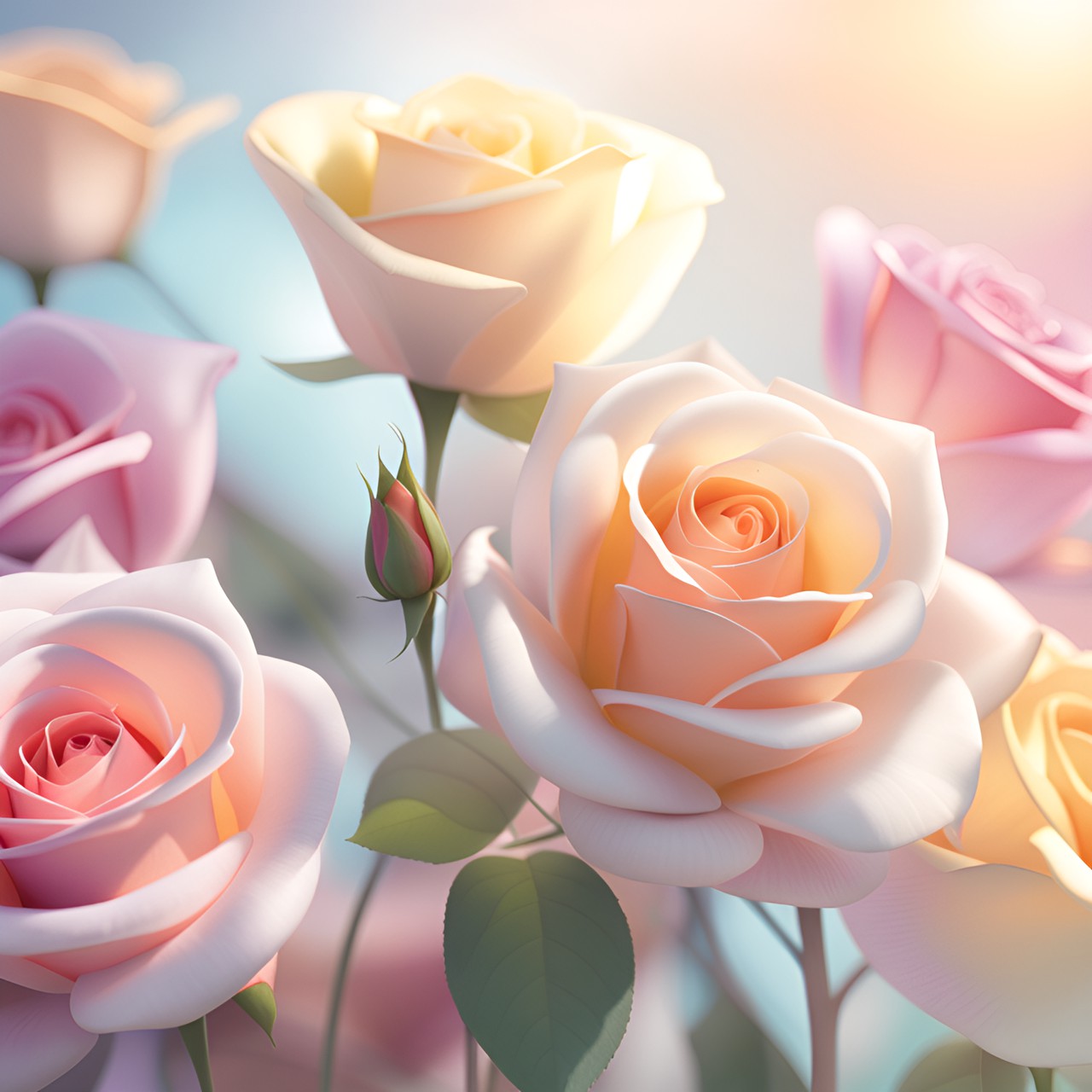 roses, realistic, pastel pallet, 3d render, hd, high detail, magic vibe, sunbeams, shiny, blur background preview