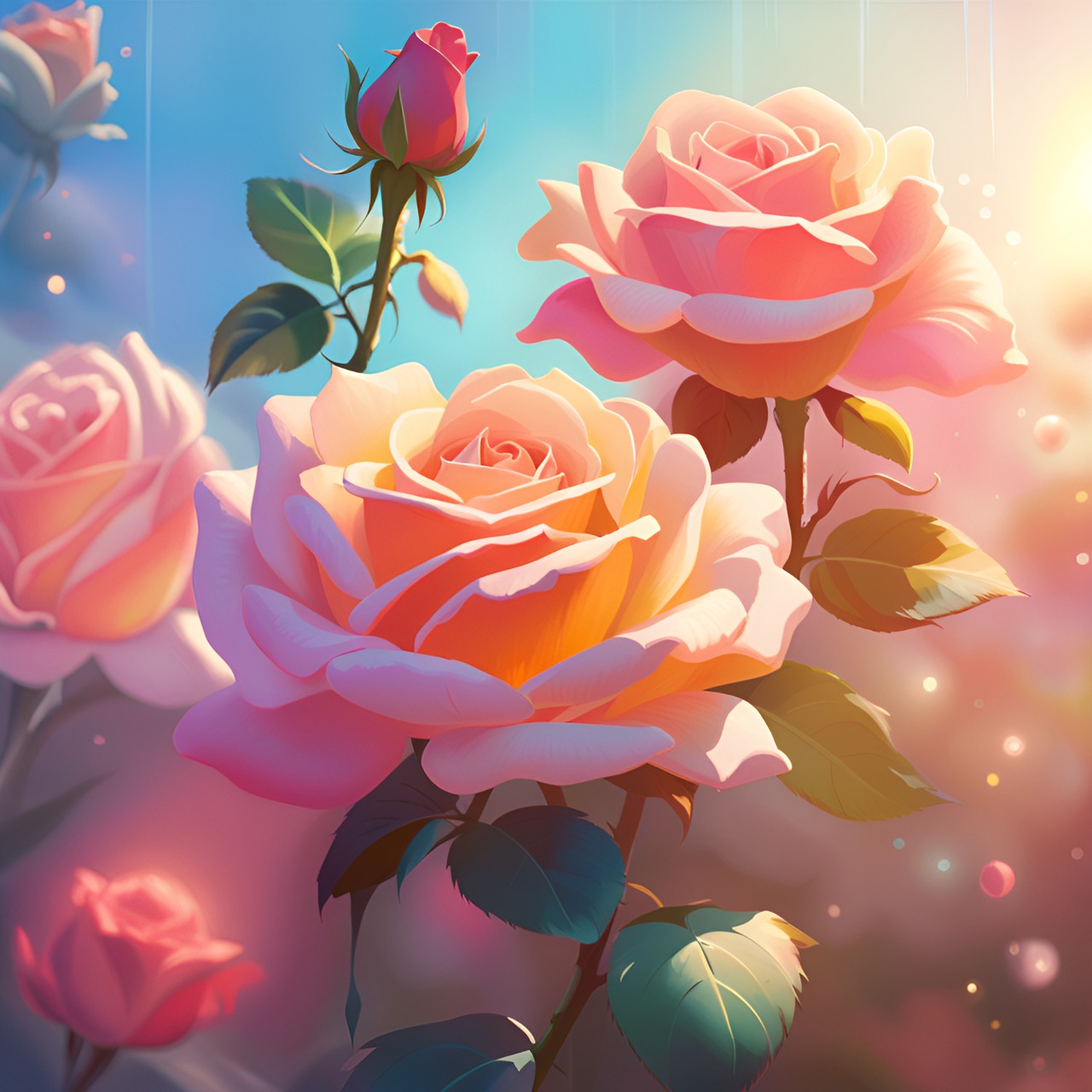 roses, realistic, pastel pallet, 3d render, hd, high detail, magic vibe, sunbeams, shiny, blur background preview