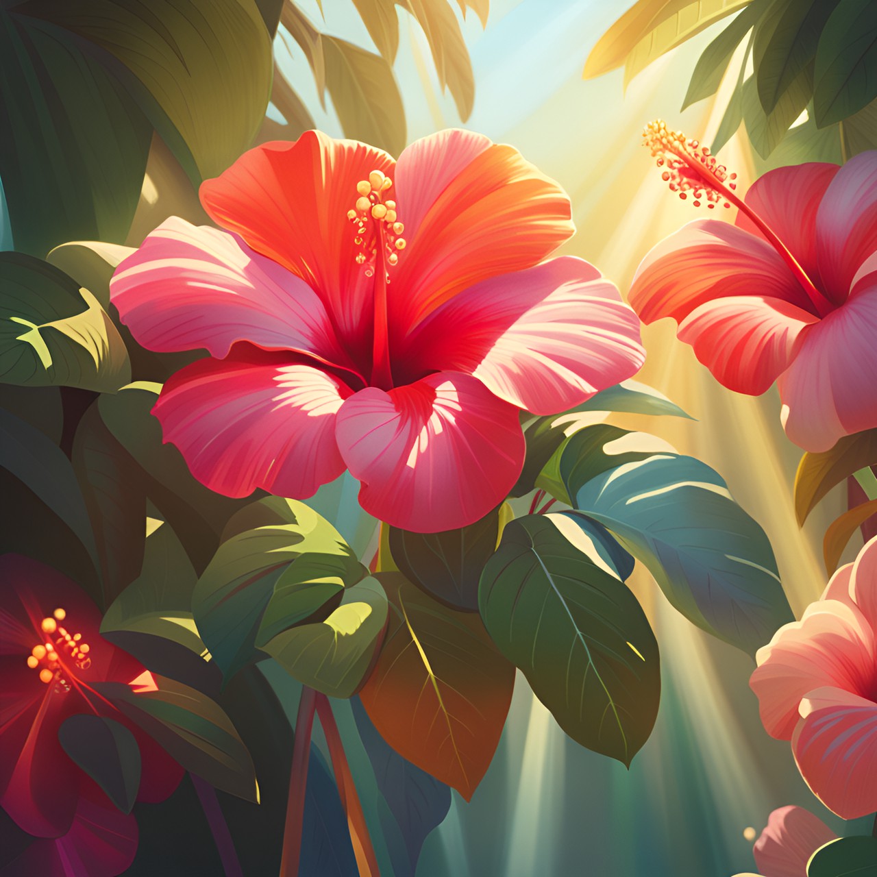 hibiscus, realistic, pastel pallet, 3d render, hd, high detail, magic vibe, sunbeams, shiny, blur background preview