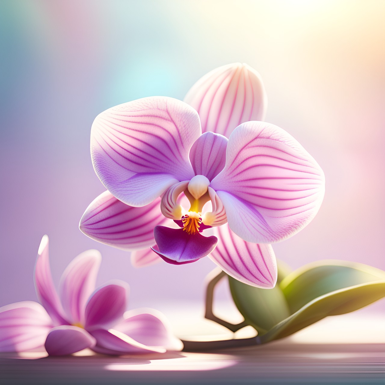 orchid, realistic, pastel pallet, 3d render, hd, high detail, magic vibe, sunbeams, shiny, blur background preview