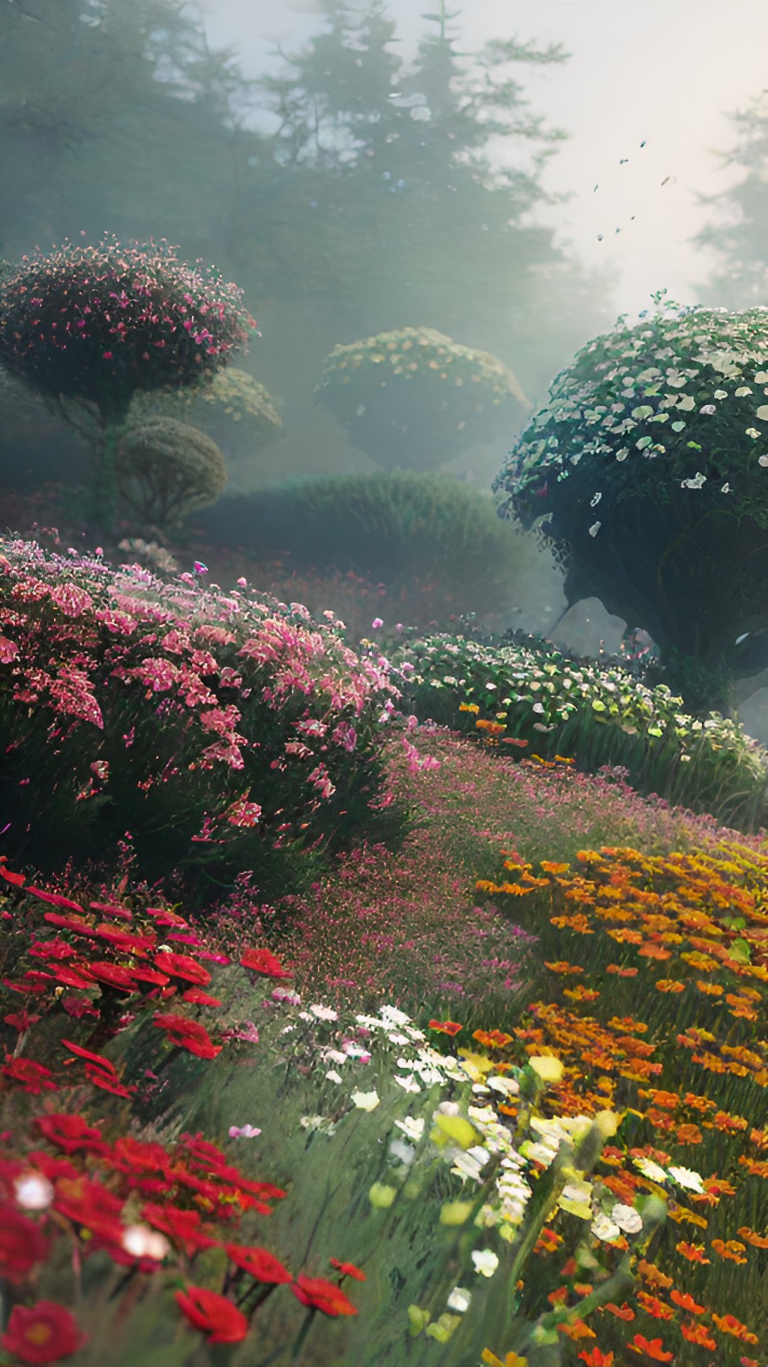 field of flowers, fog, green, red preview