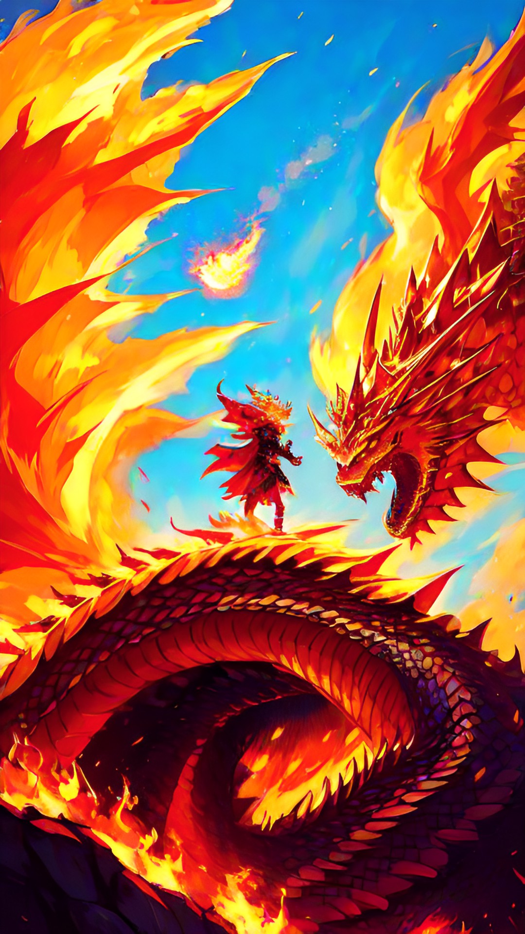 Dragon fire - fire breathing dragon with a fire crown with golden scales￼ and fighting a human preview