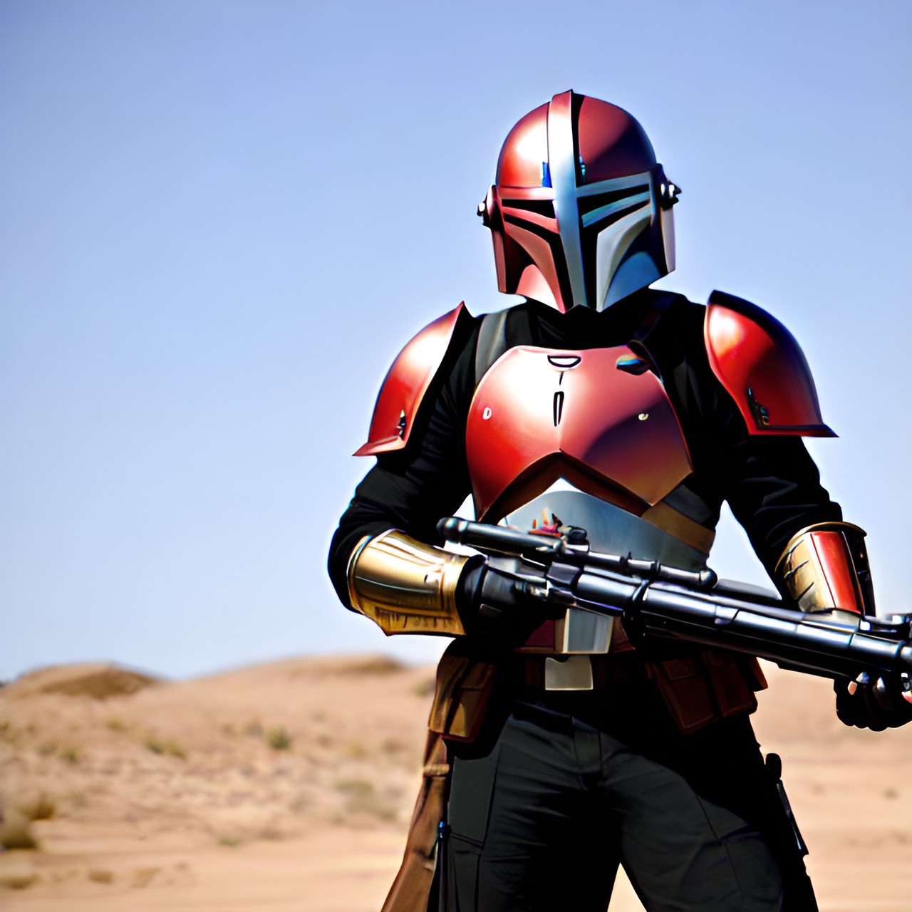 a mandolorian warrior, clad in their iconic armor and helmet, with a blaster at their side. preview