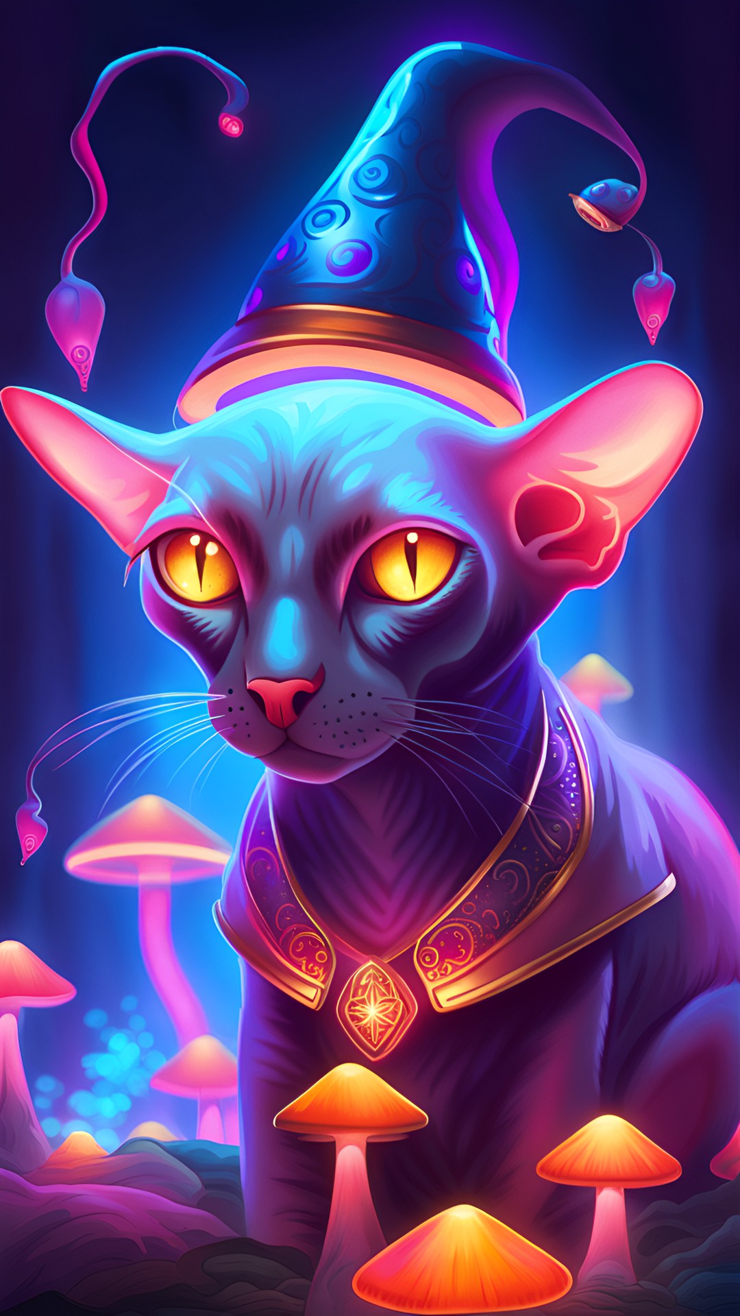 sphinx cat, mushrooms world, wizard, magic vibe, neon light, shiny, sparks preview