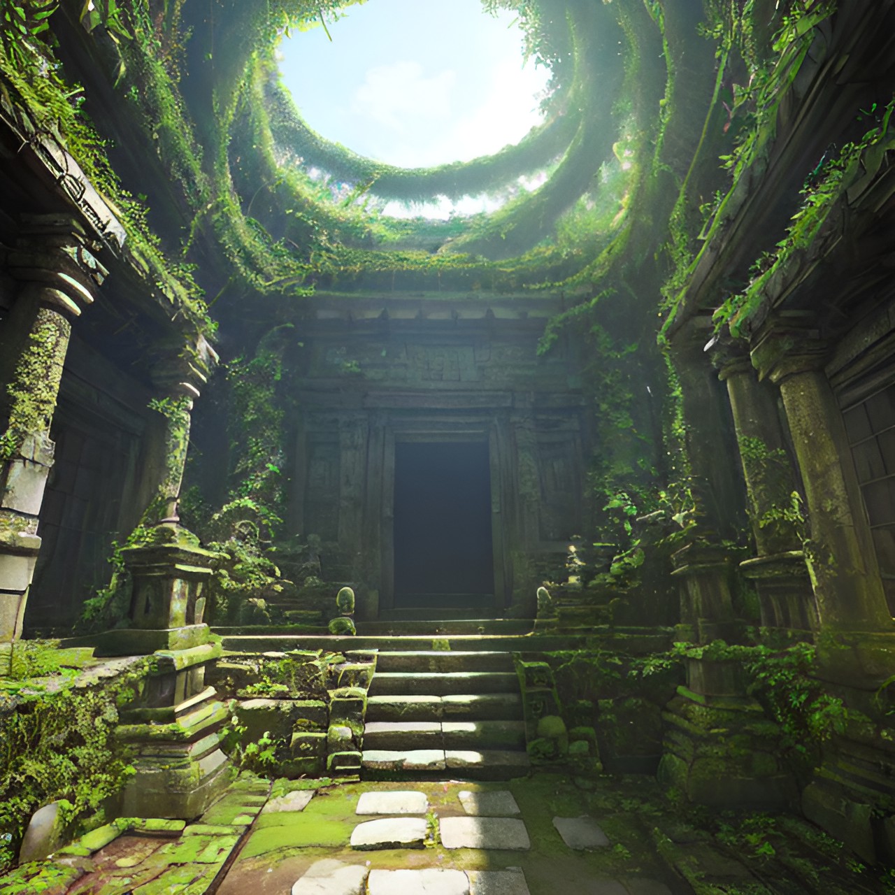 The room of ducks - ancient jungle temple - deep in the ancient jungle lies a forgotten temple, overgrown with vines and plants. stone steps lead up to a huge doorway, and inside, there are ancient carvings on the walls. preview