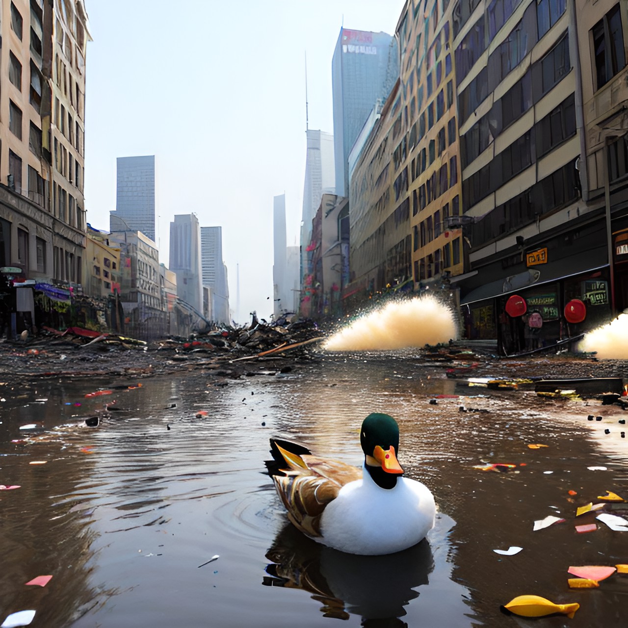 Climate change :( - duck bombarding a city with bombs. the bombs explode on impact, causing destruction and devastation below. preview