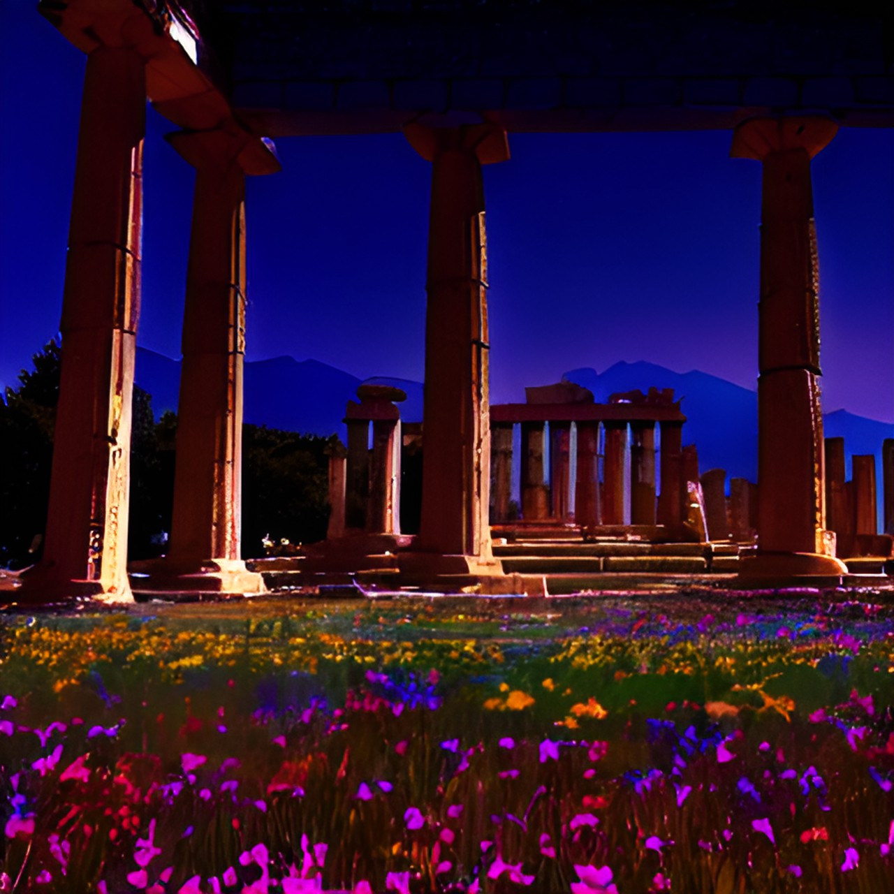 field of flowers on an ancient greek temple preview