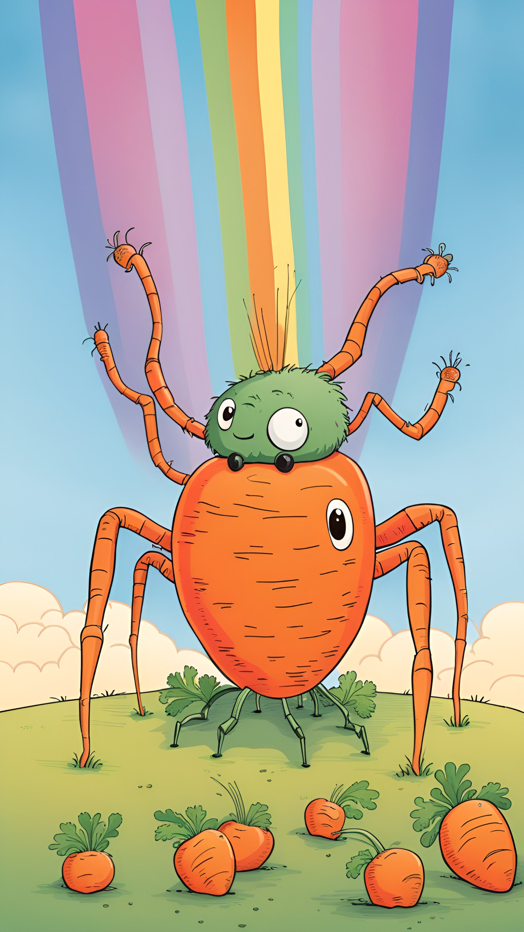 carrot-legs - carrots with spider legs in front of a rainbow preview