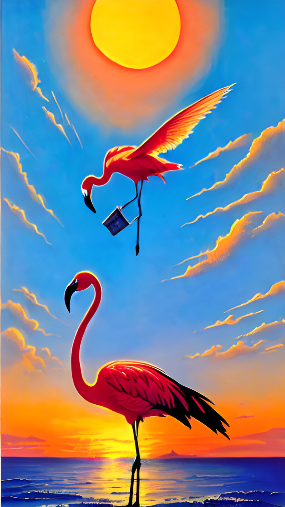 Flamingo Sunset - a flamingo standing in front of a sunset and carrying a book in its beak preview