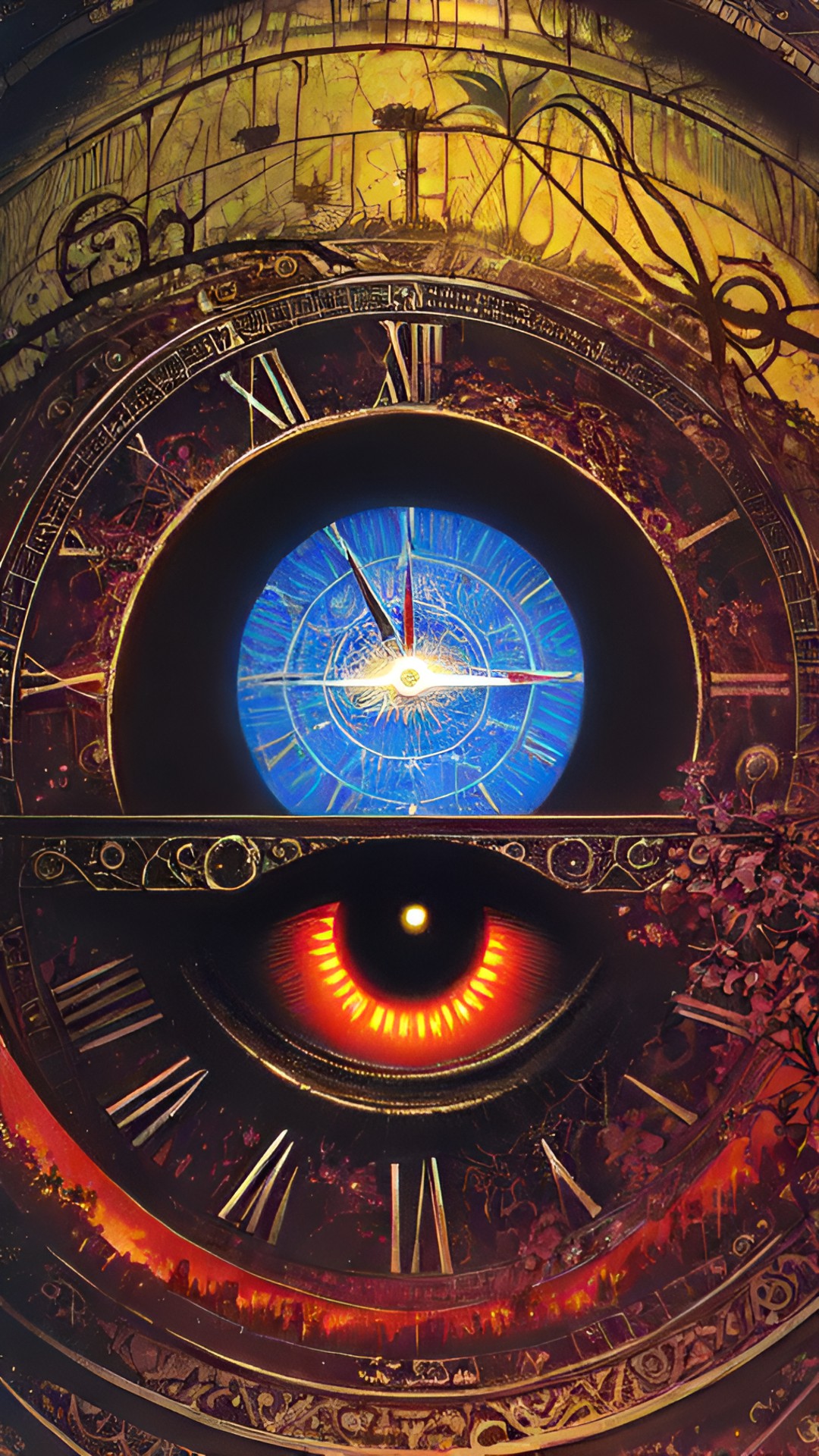 time's eye - an eye with a clock for an eyeball, dark backgrounds, vines shooting out from the center where the eye is with blood dripping off of them preview