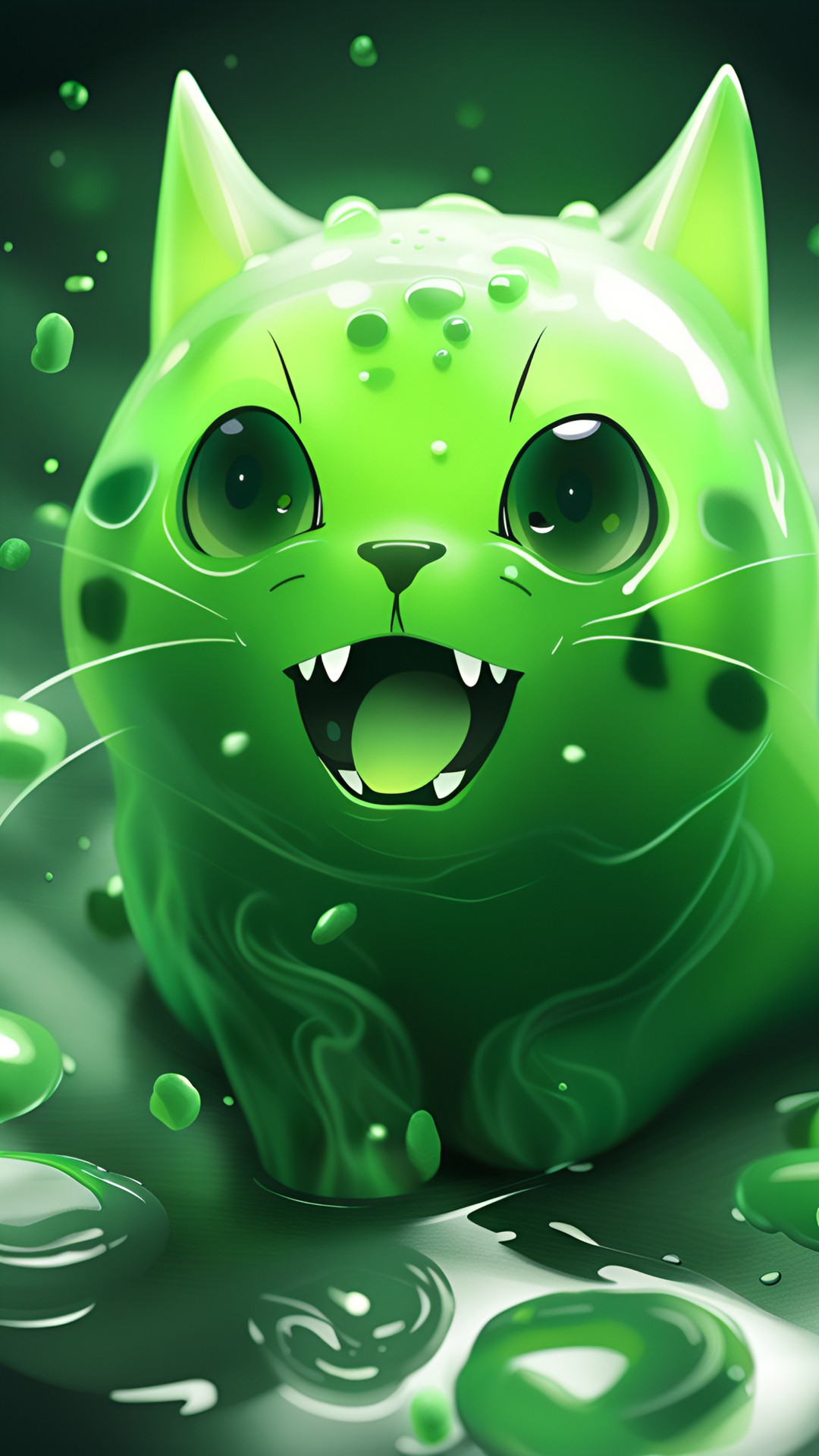 Slime cat - slime cat - a close up of a slime cat, its body made of translucent green slime. it has two black eyes, and its mouth is open in a silent meow. preview