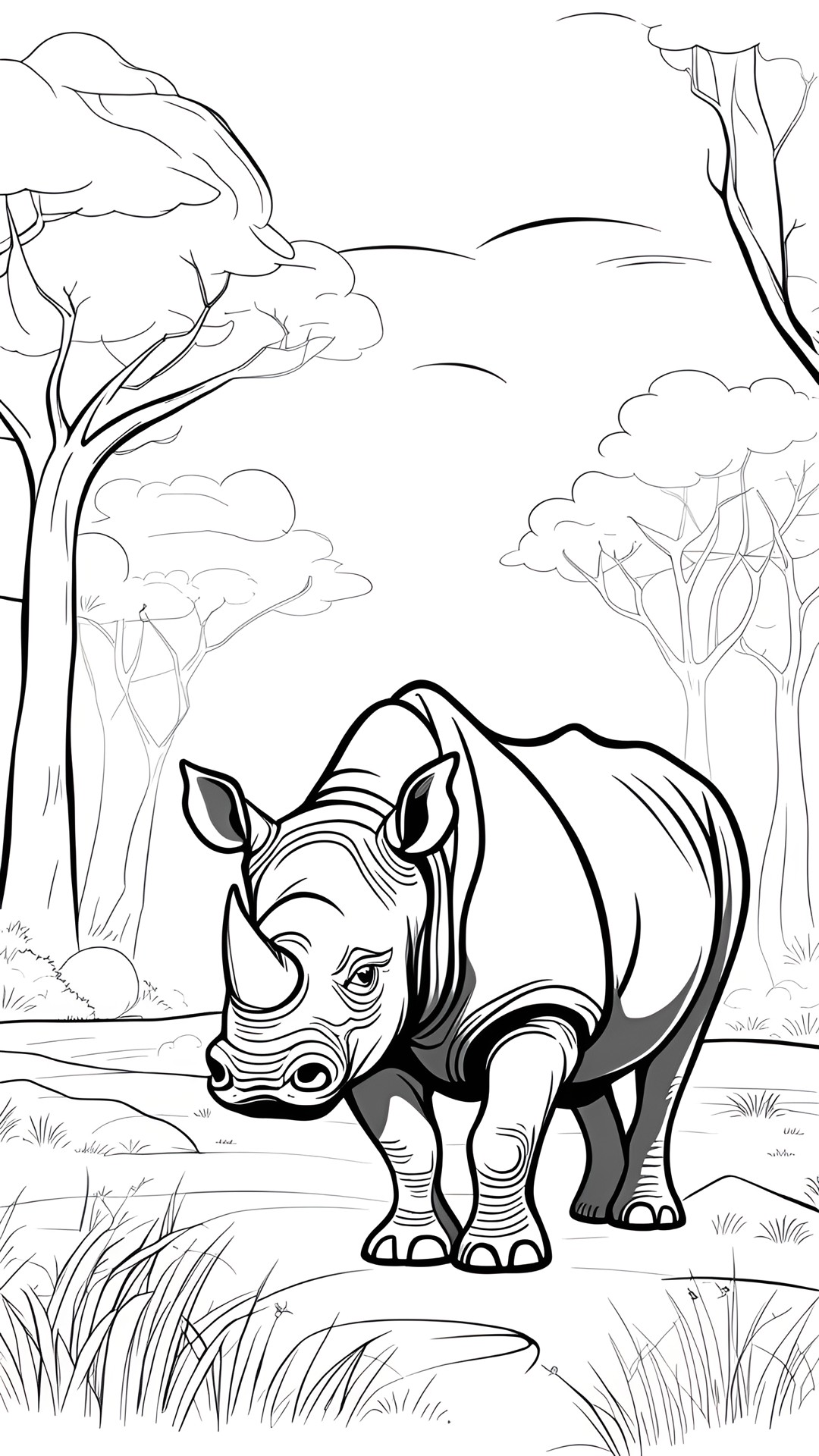 desenhe um rinoceronte na savana  estilo cartoon para colorir preview