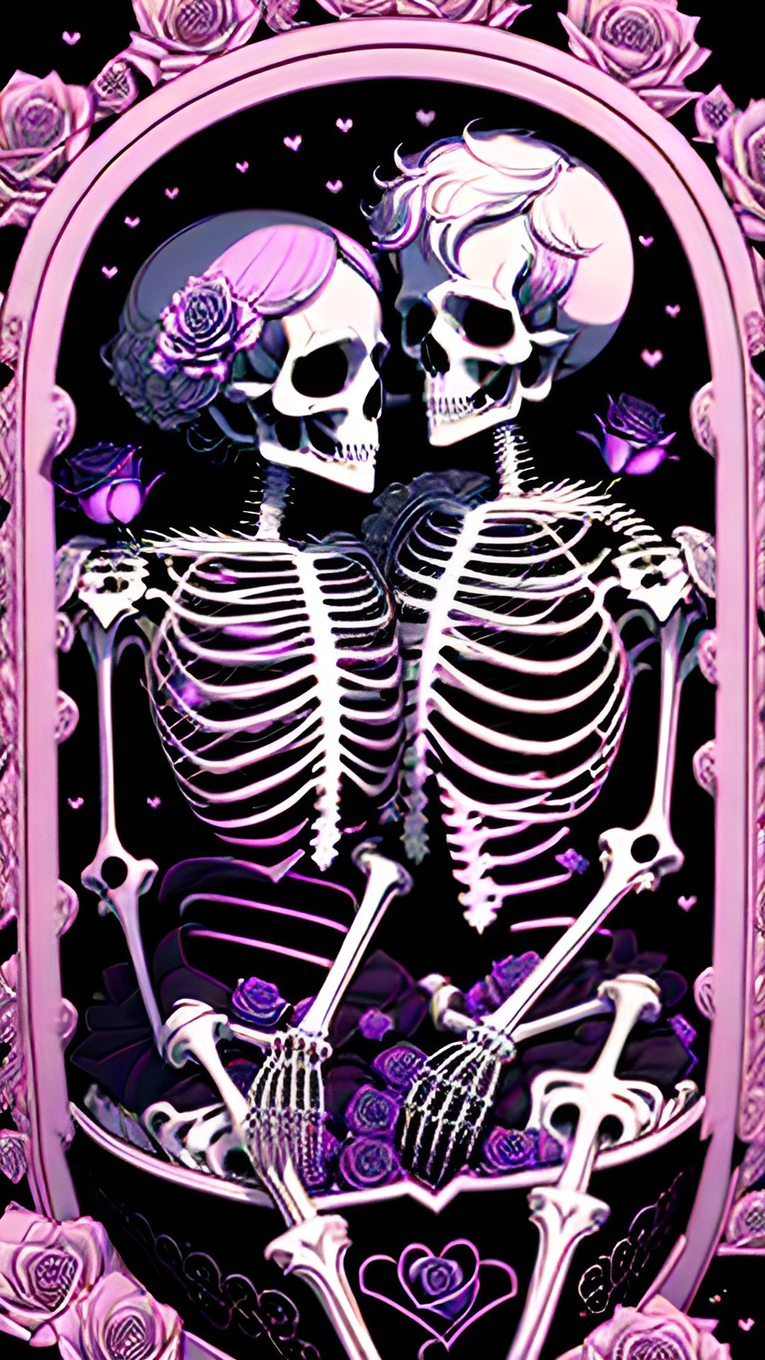 two full body skeleton lovers in a coffin. black roses, high detail, holding each other while gazing into each other’s eyes. heart preview