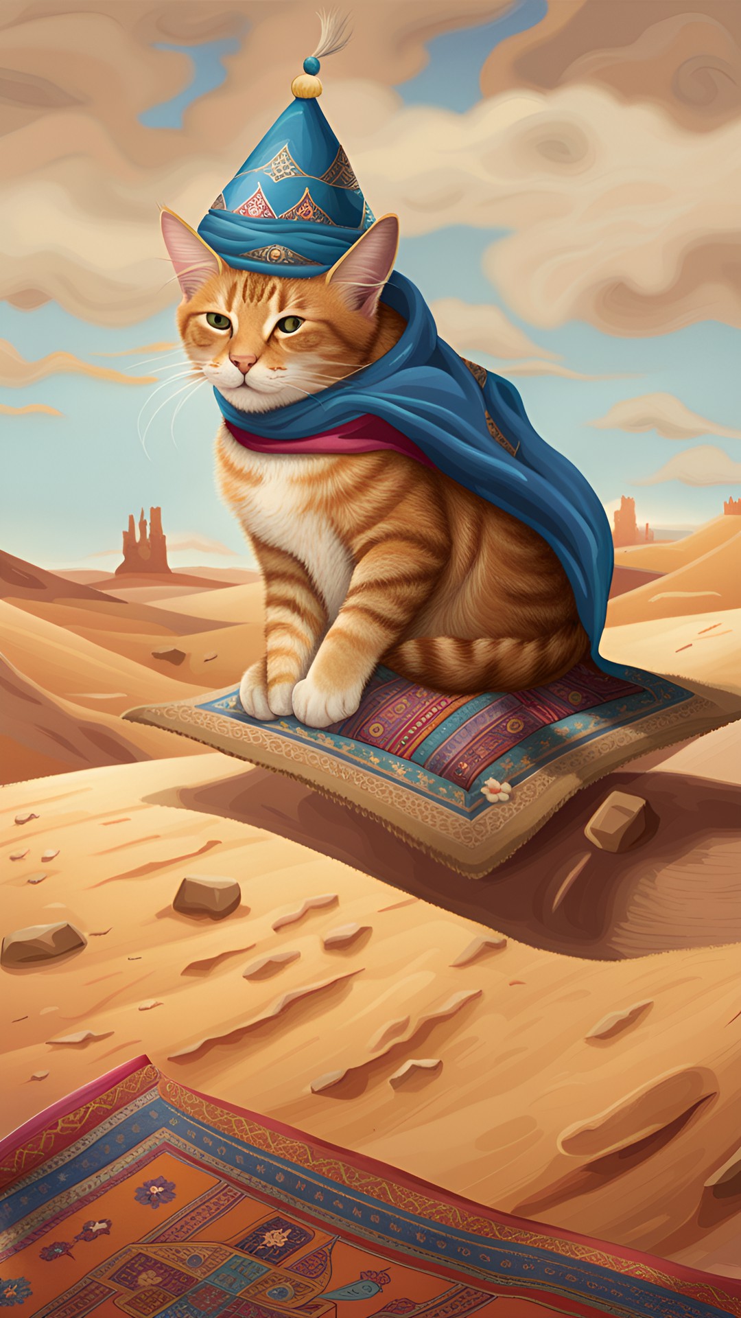 sleepy cat riding on a flying carpet in a desert preview