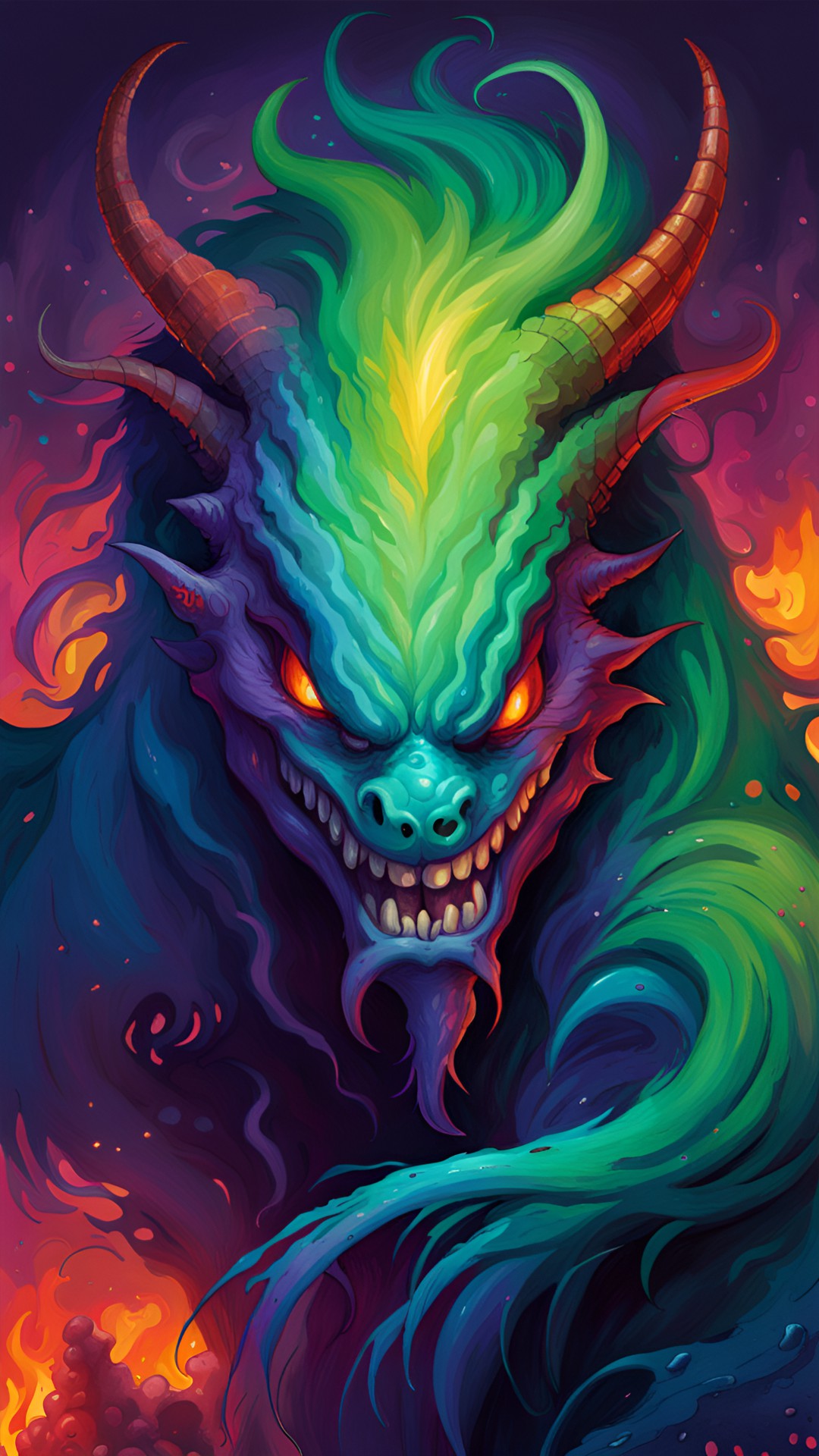 fire demon, thin blue face. long thin blue nose, green hair, purple smile preview