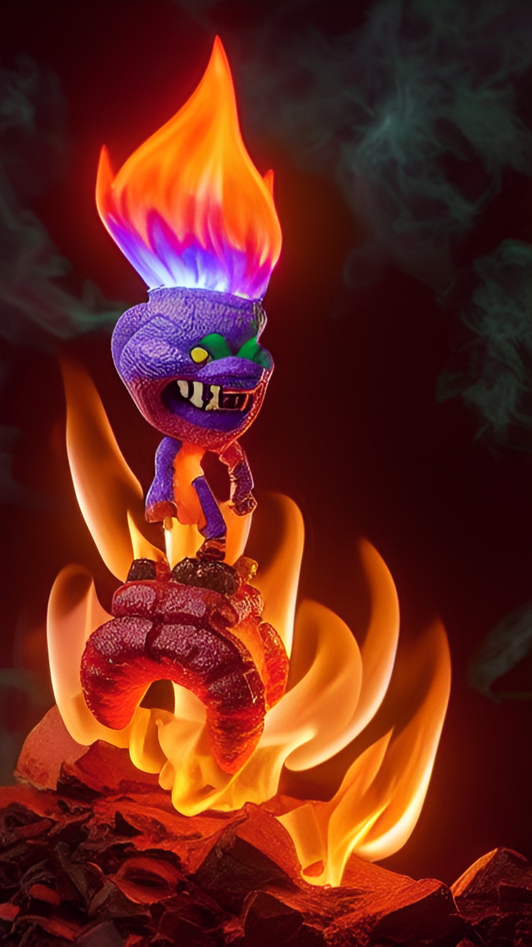 fire demon, thin blue face, thin blue nose, green fire hair, purple smile, made of fire preview