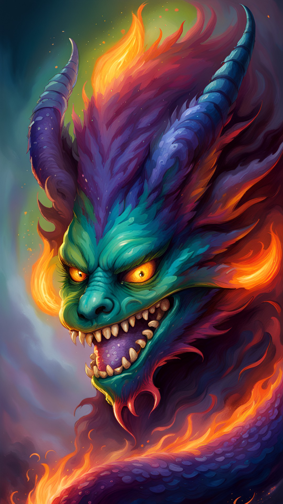 fire demon, thin blue face, thin blue nose, green fire hair, purple smile, made of fire. calcifer the fire demon. preview