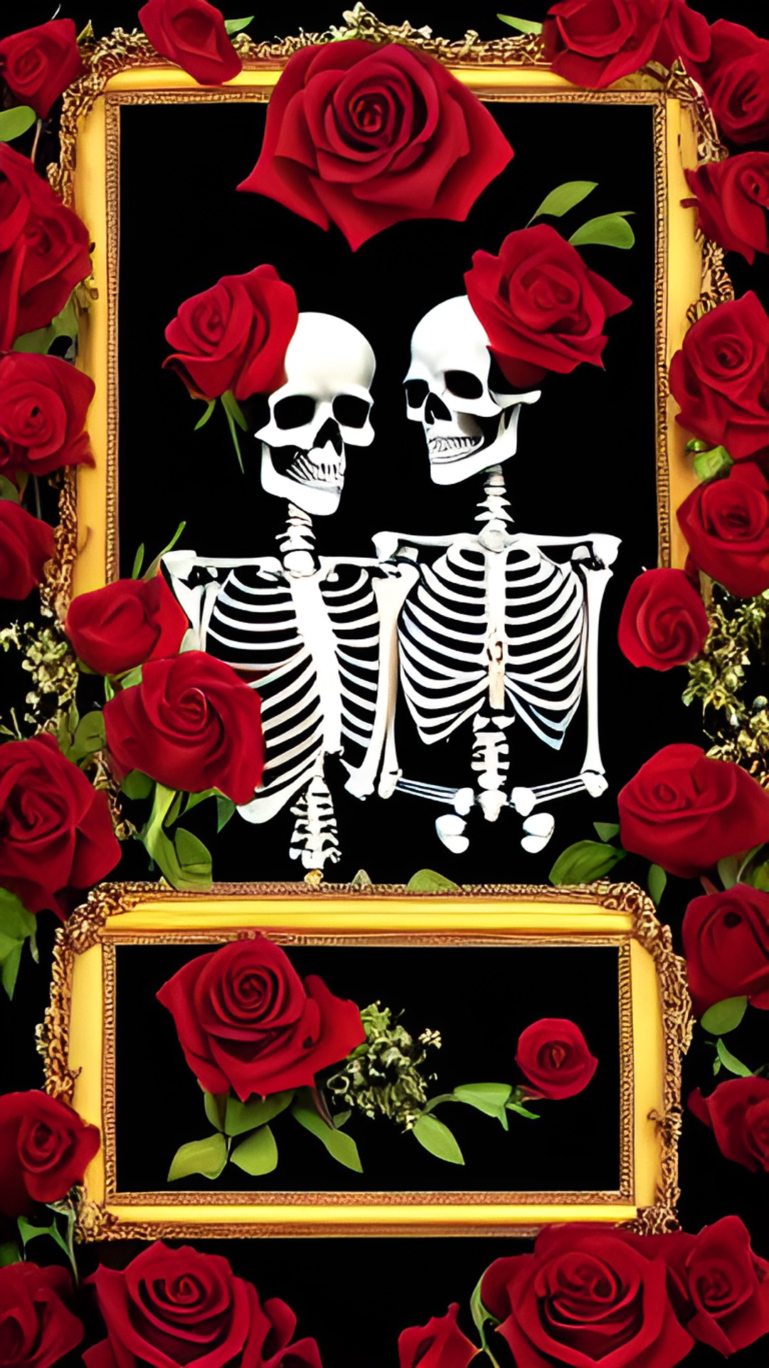 two lovers, skeleton couple in love laying coffin holding each other. deep red roses with thorns. high detail, sharp image. rose petals falling preview