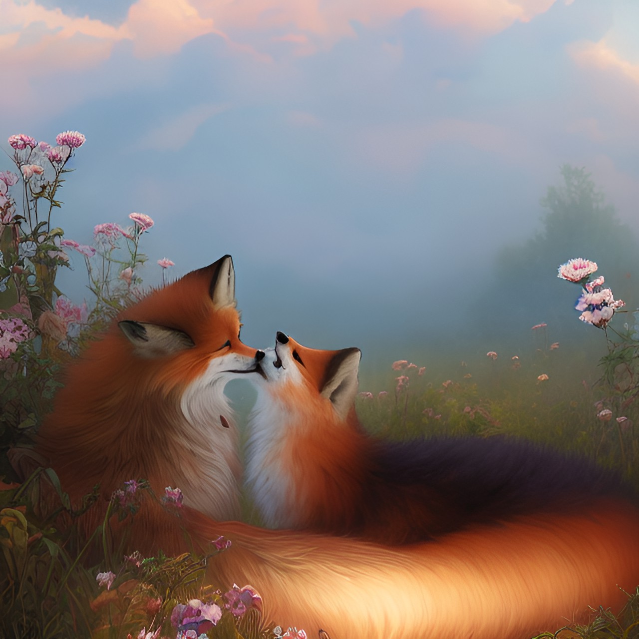 mucha style fluffy flowing furred fox snuggles with her cute little baby cub as they bask in the circle  of art nevue wildflowers and curlyque vines at sunset preview