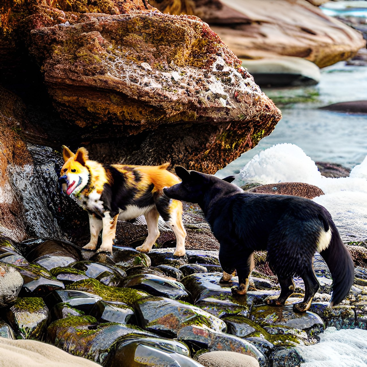 Wild Dogs of Wales - wild dog looking creatures on a rocky beach with some of the creatures eating fish and playing with penguins preview