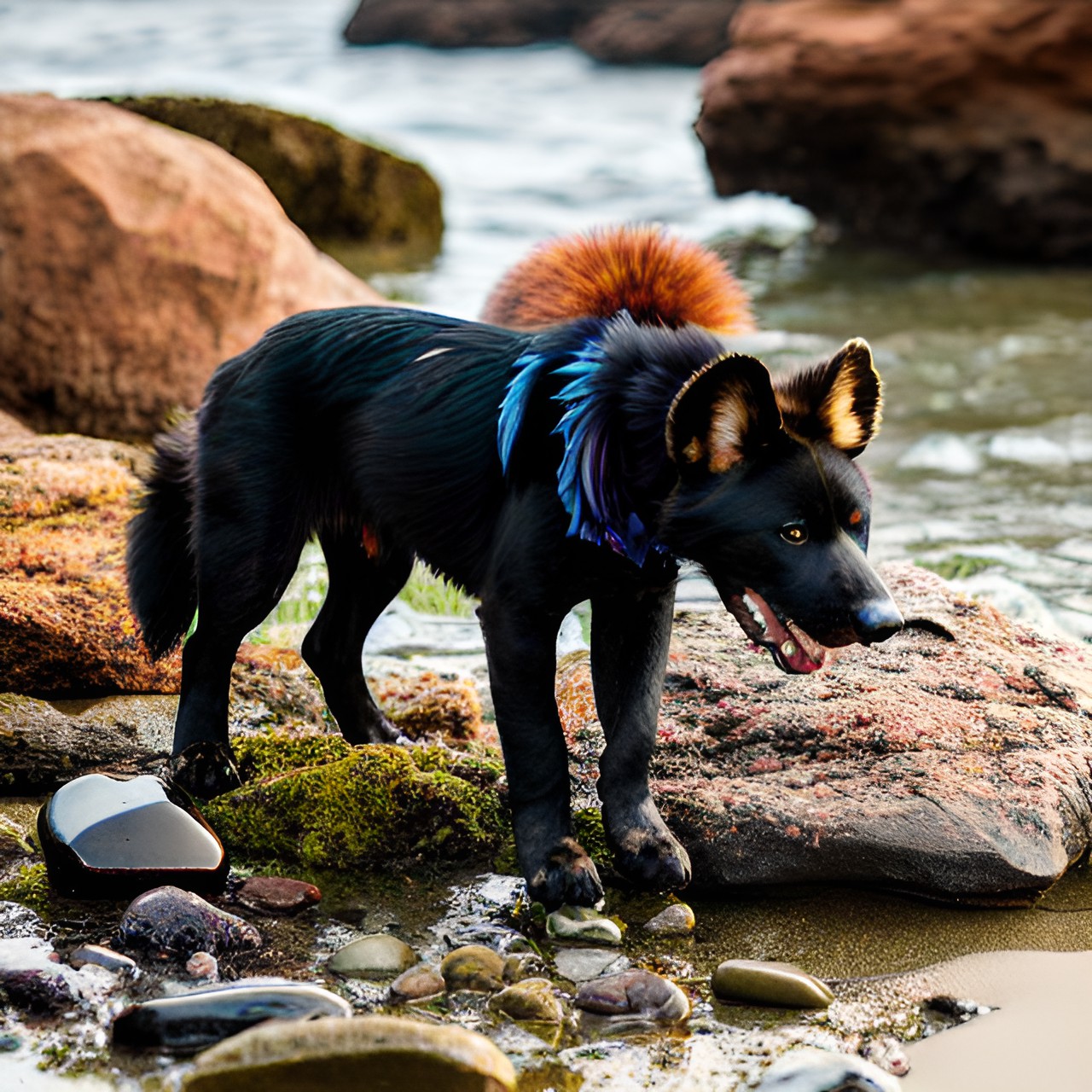 wild dog looking creatures on a rocky beach with some of the creatures eating fish and playing with rocks preview