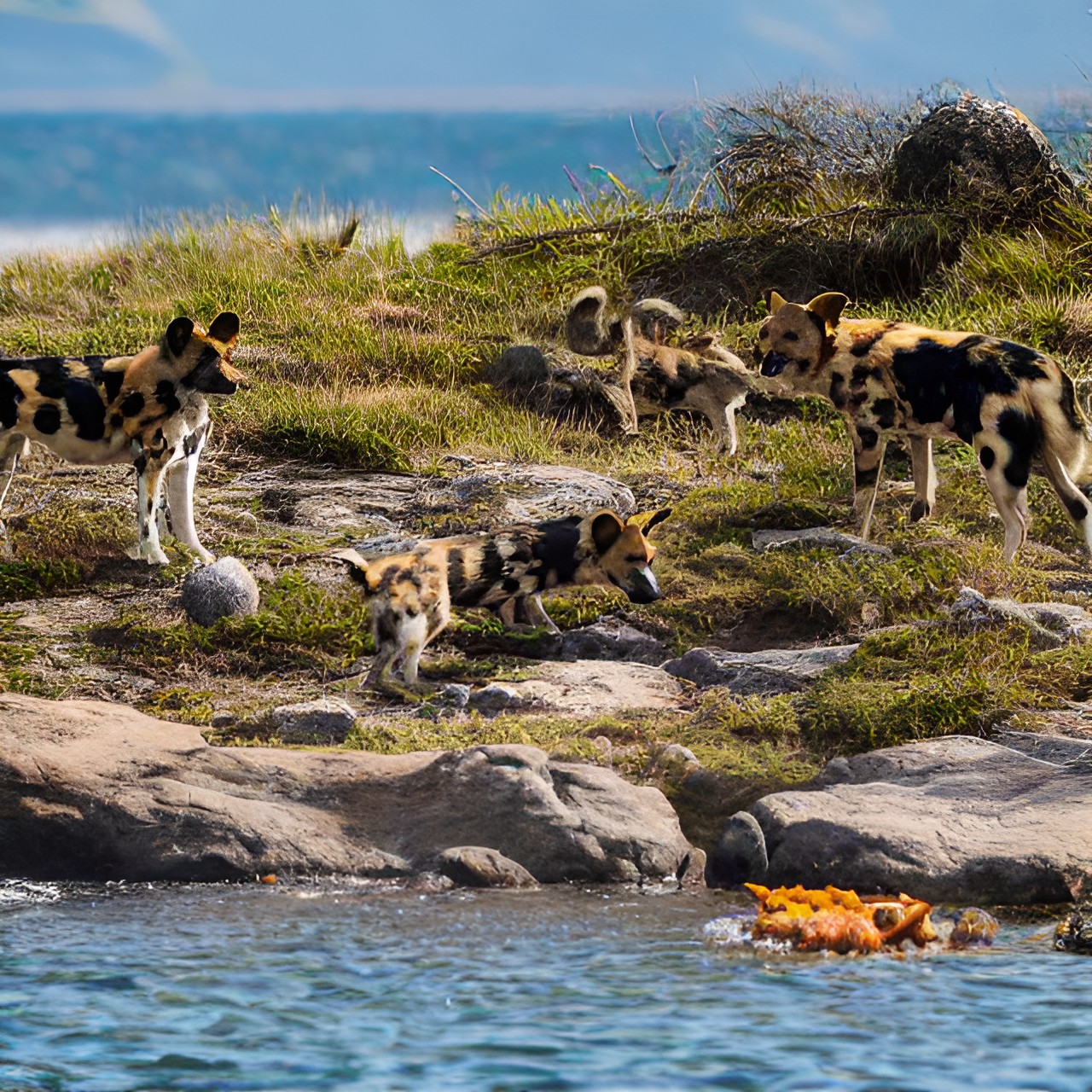 Dogs of Wales - wild dog looking creatures on a rocky beach with some of the creatures eating fish and playing with rocks preview