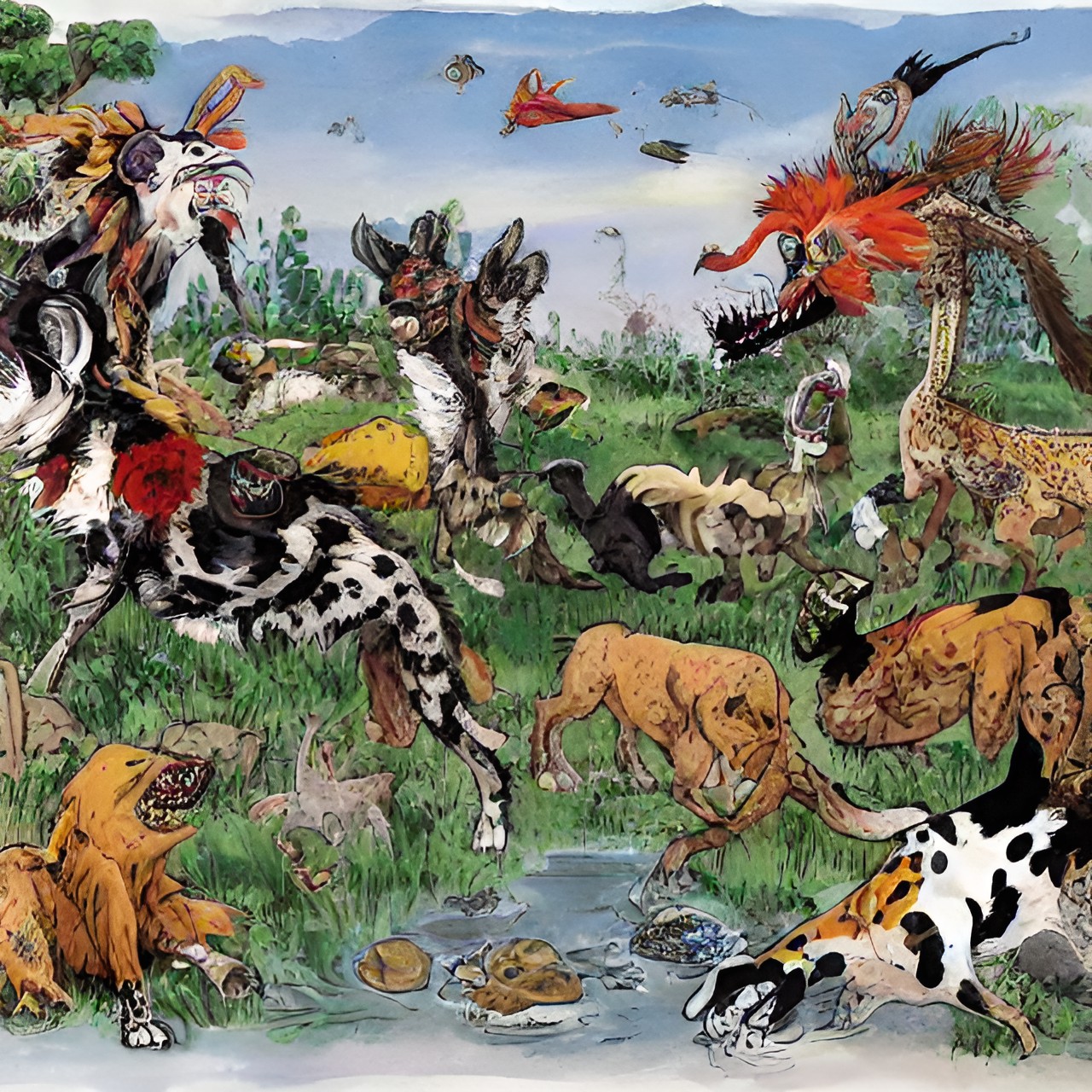 an artist vew o - wild dog looking creatures on a old paper background with some of the creatures eating fish and playing with rocks preview