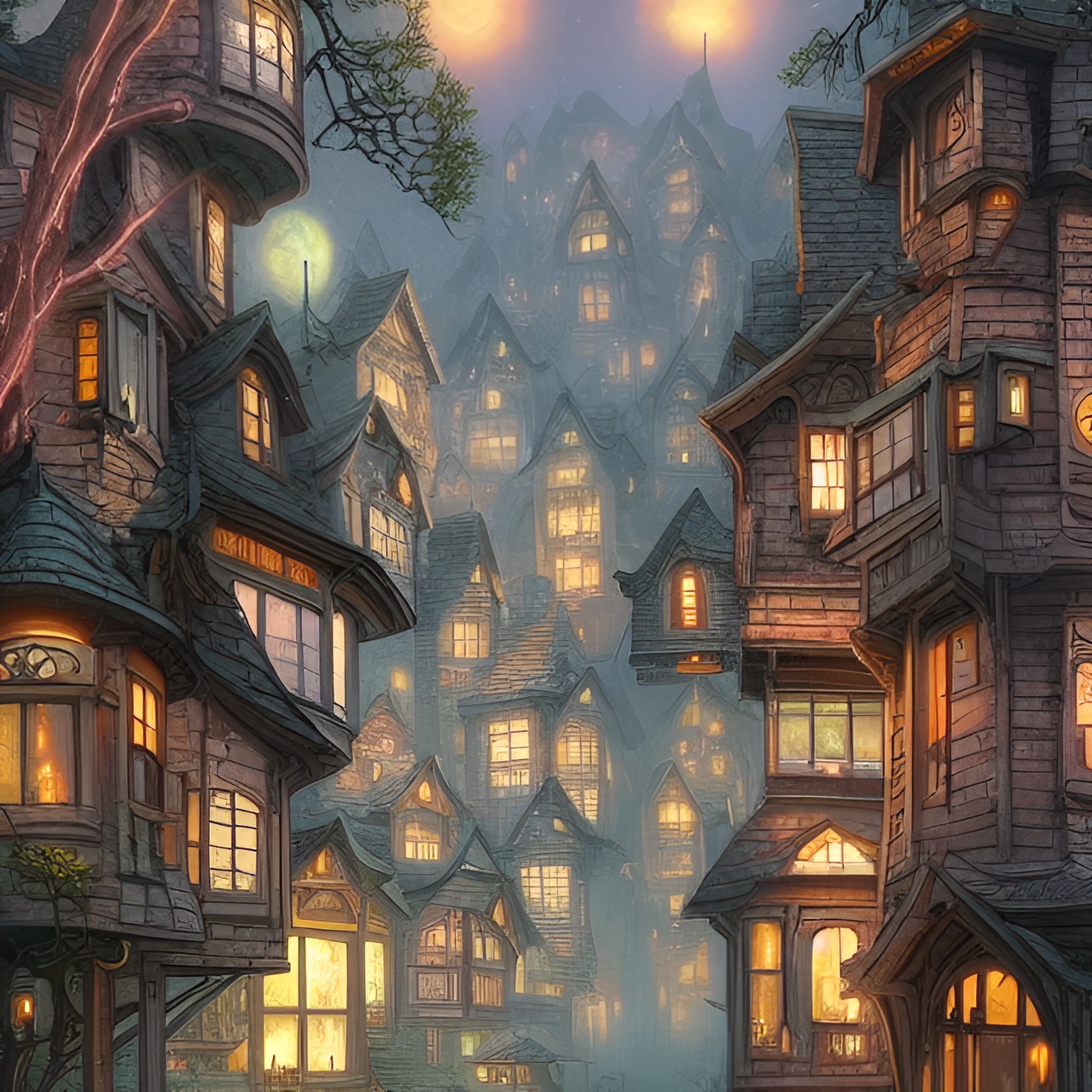 mysterious steampunk, elven houses, at night preview