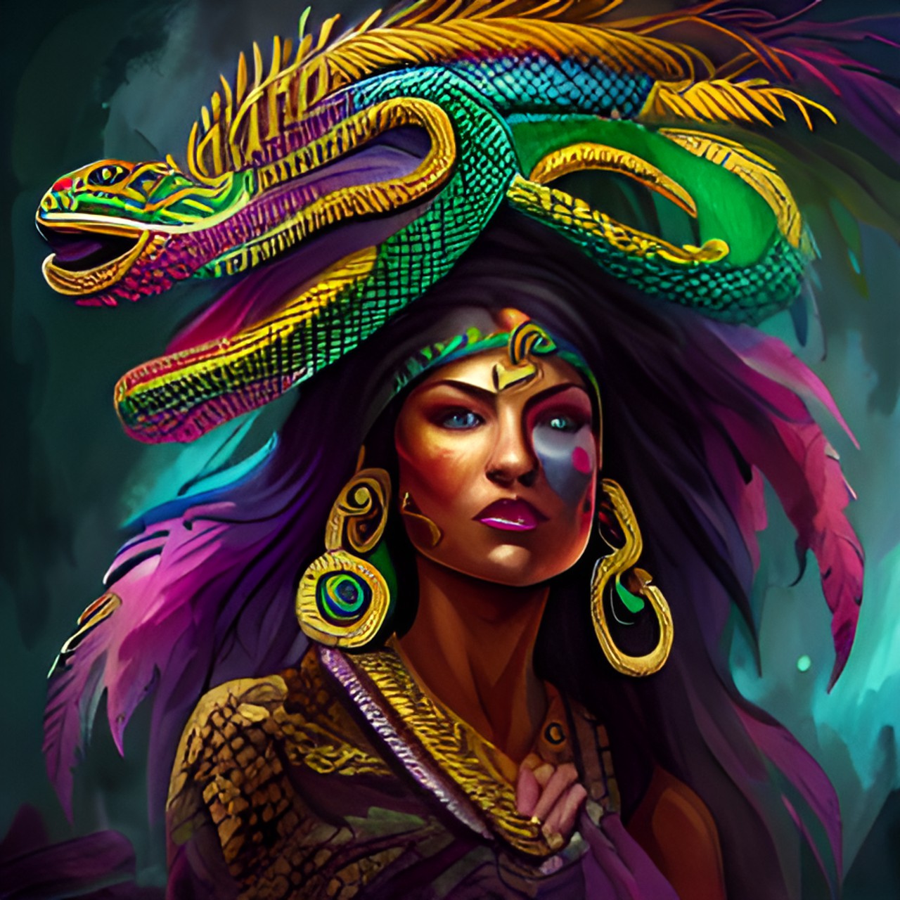 create a character portrait for an anthropomorphic variation in the form of a woman on the aztec deity quetzalcoatl. preview