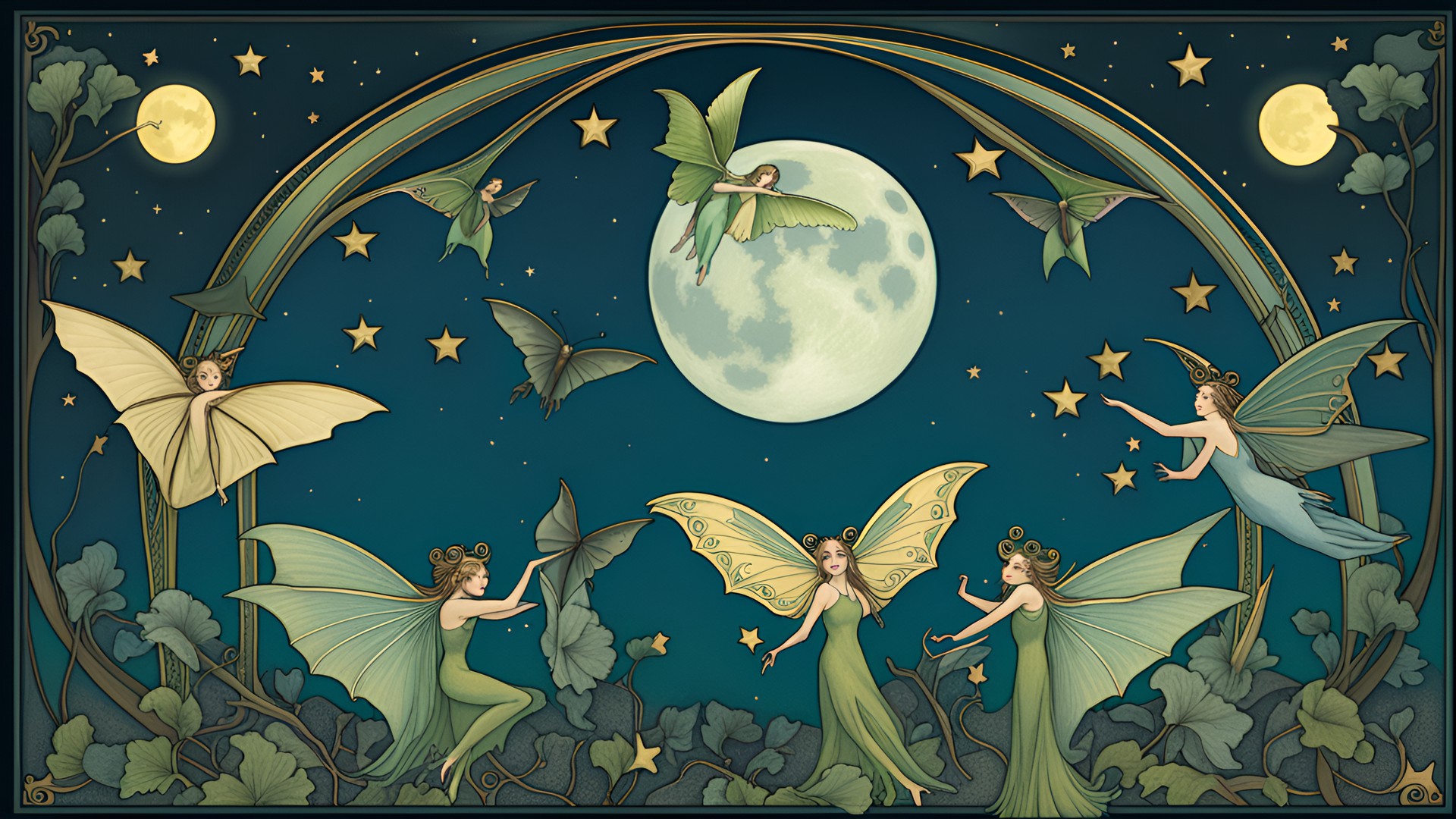 moon fairies stars, luna moths, bats, night,  art nouveau preview