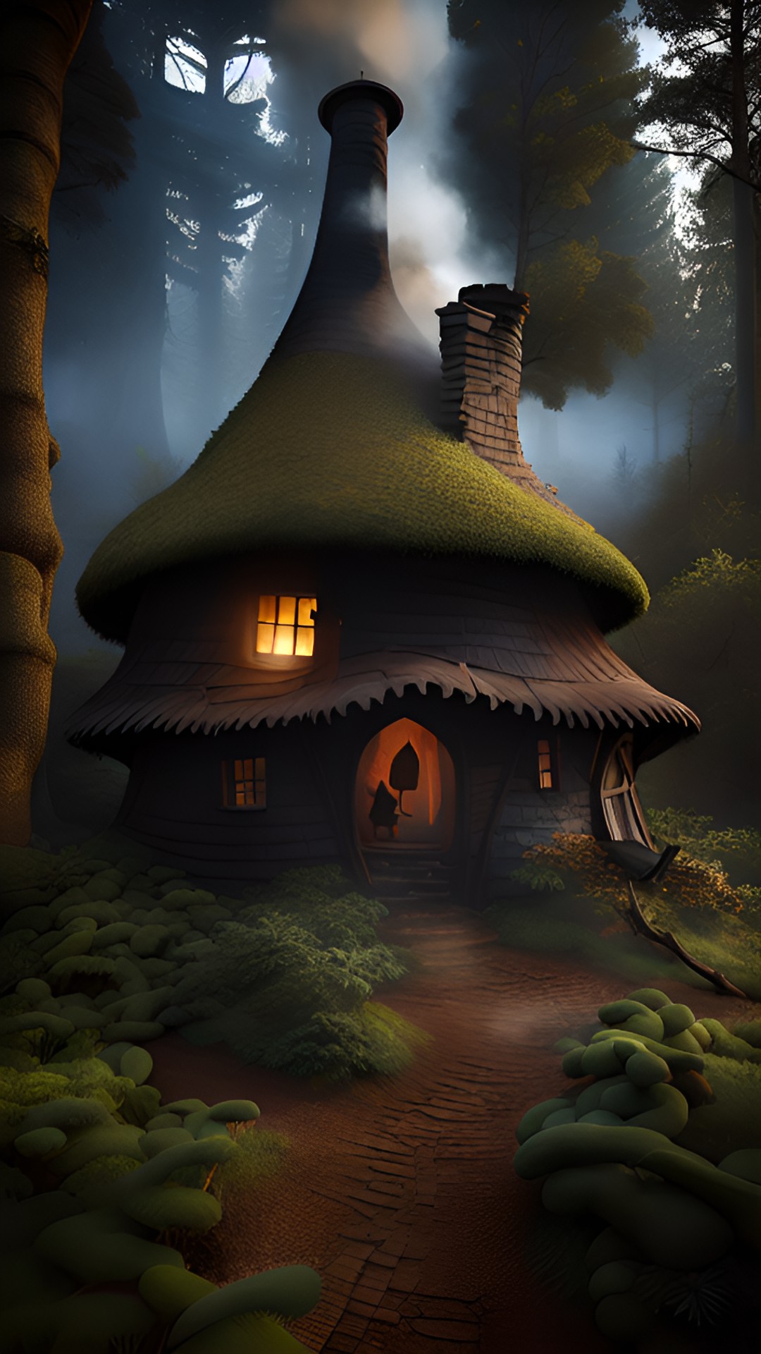 Witches hut - witches hut in the middle of a dark forest. smoke is coming out of the chimney and there is a cauldron bubbling over a fire. the hut is made of crooked wood and has a thatched roof. it looks like it’s from a fantasy book. preview