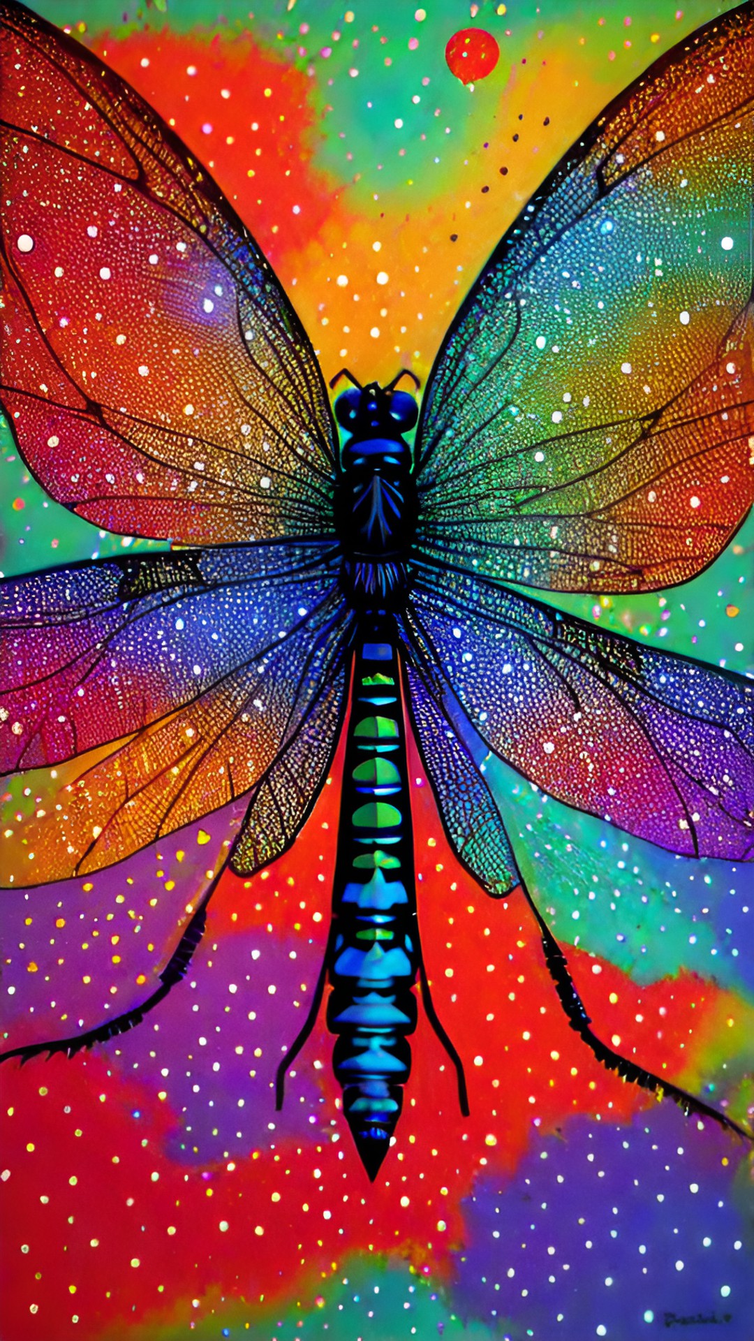 dragonfly made of colorful small dots, dreamtime aboriginal art, story image land relationships preview