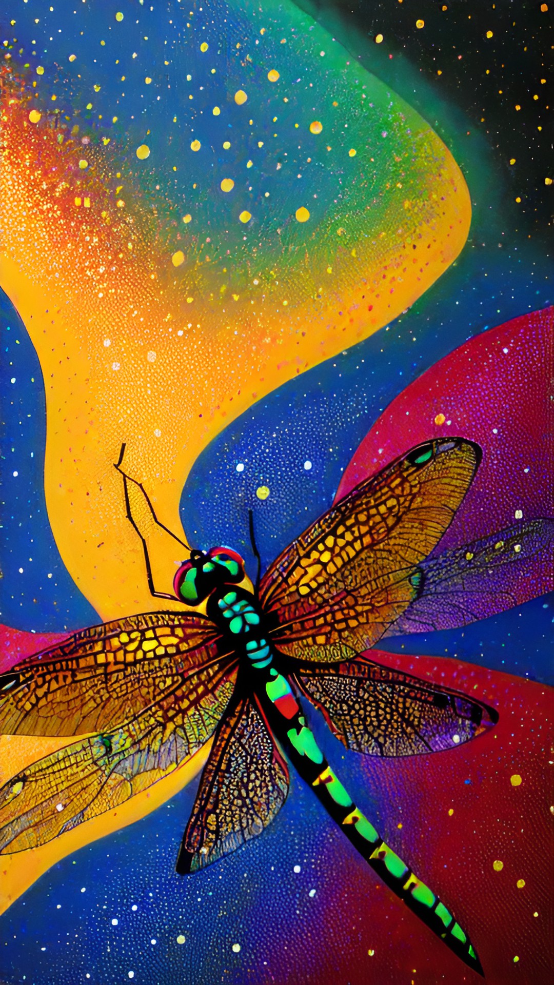 dragonfly made of colorful small dots, dreamtime aboriginal art, story image land relationships preview