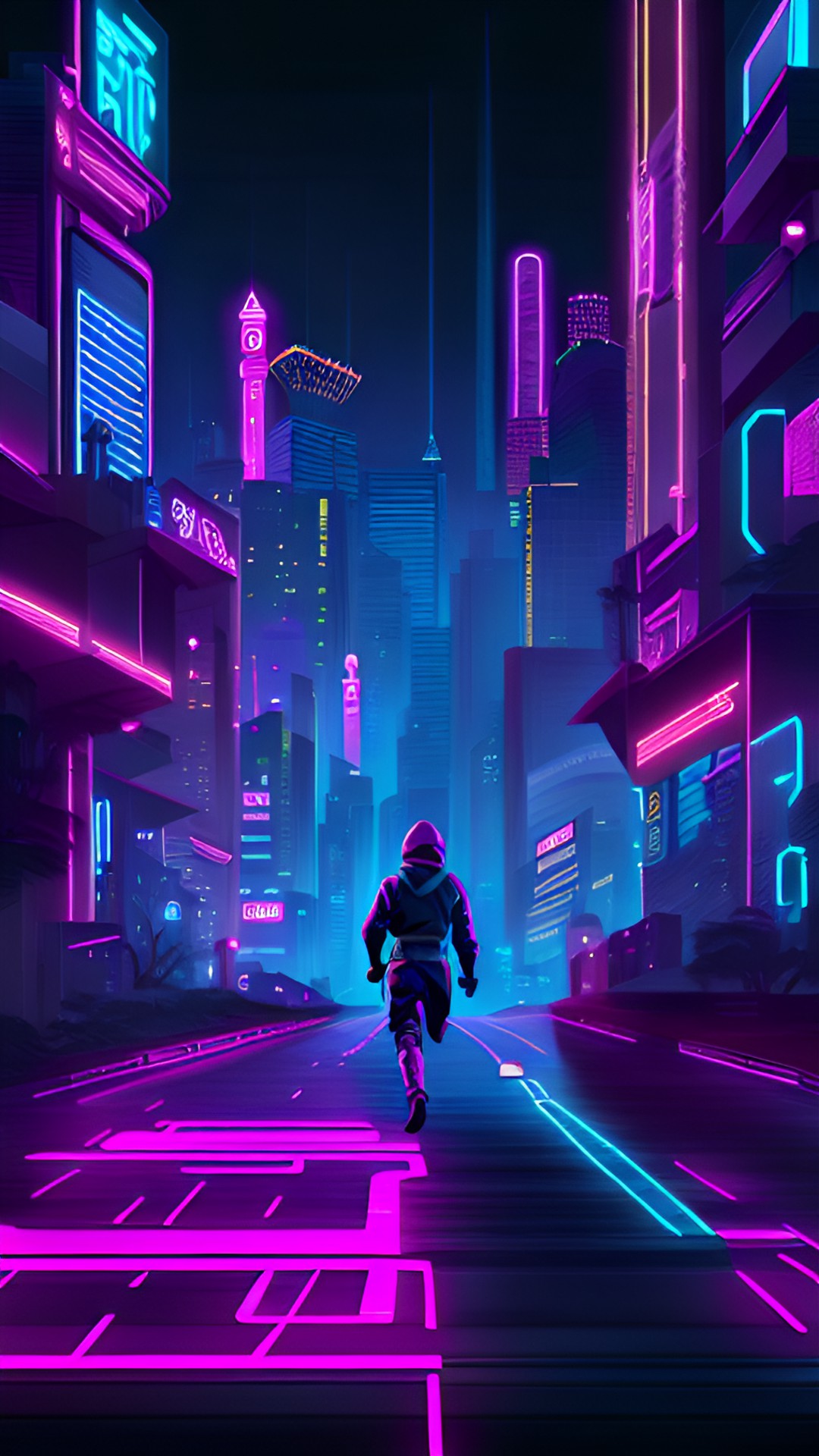 Neon runner - neon city with a neon ninja in the running across the screen preview