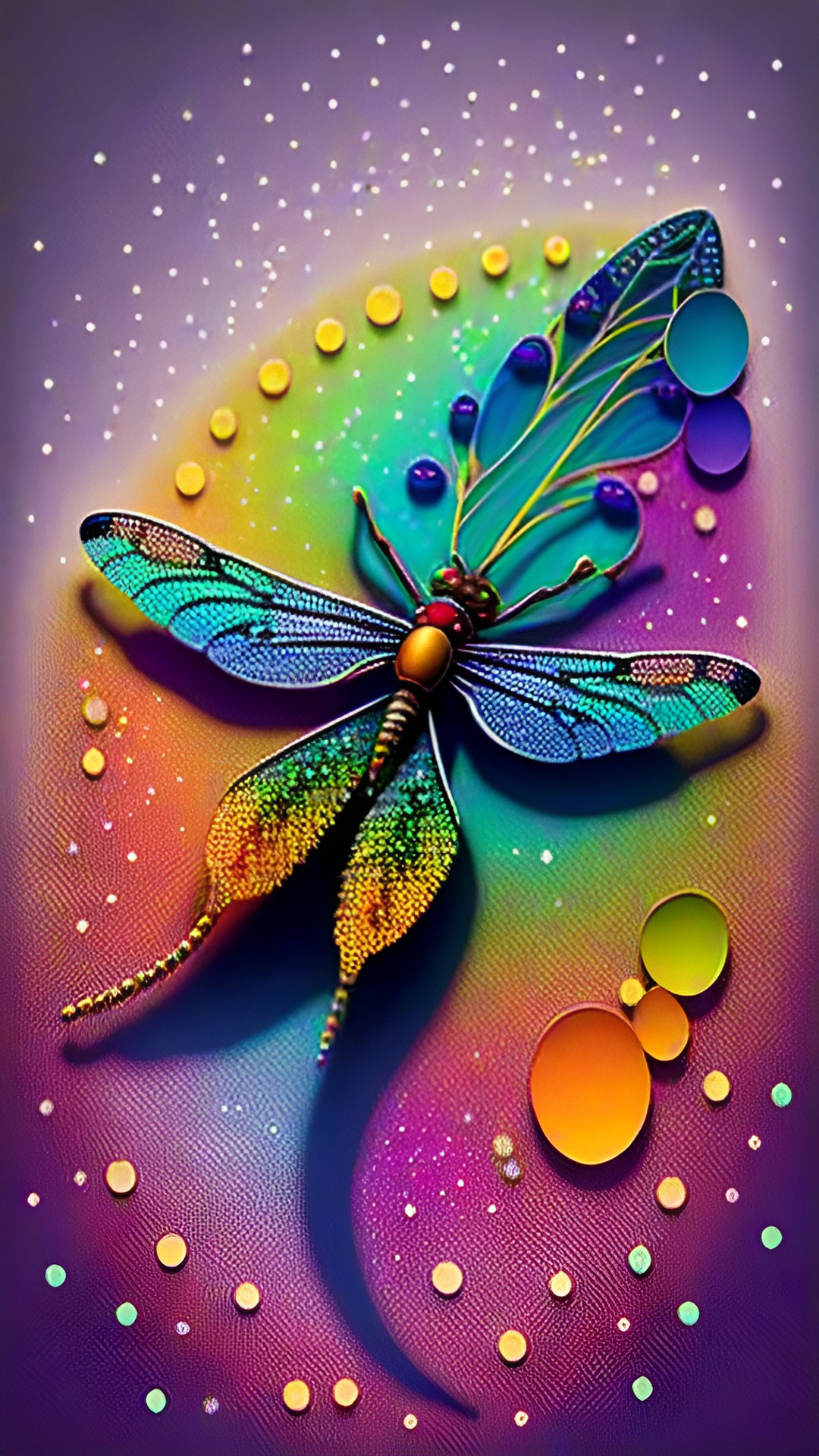 dragonfly made of colorful small dots, dreamtime aboriginal art, story image land relationships preview