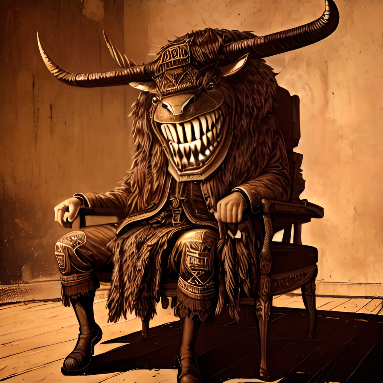 Crazy Minotaur - a minotaur with a suit on sitting chair with a hat on laughing preview